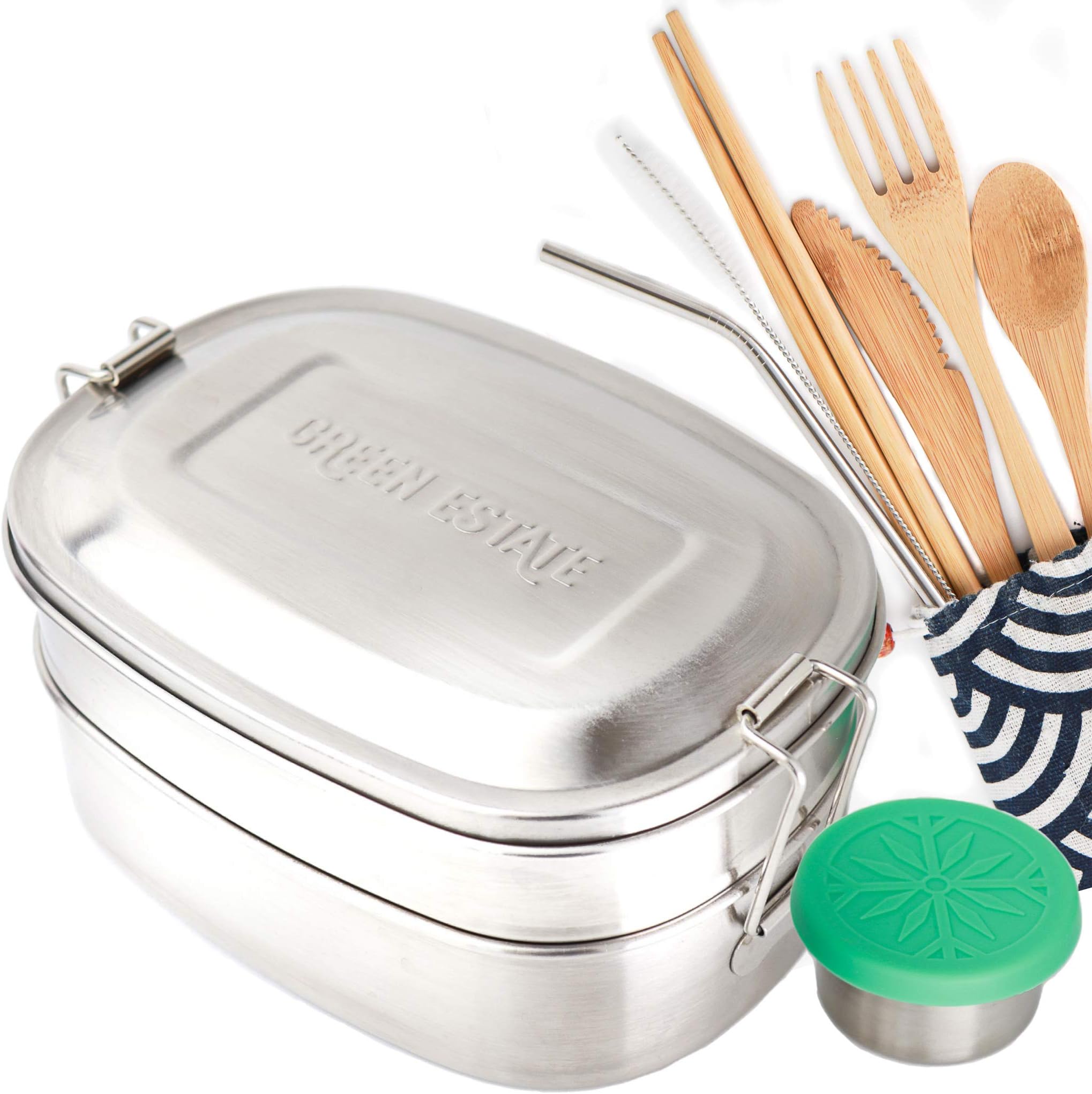 Stainless Steel Bento Lunch Box, Bamboo Cutlery Set, Stainless Steel Straw, and Leakproof Sauce Container