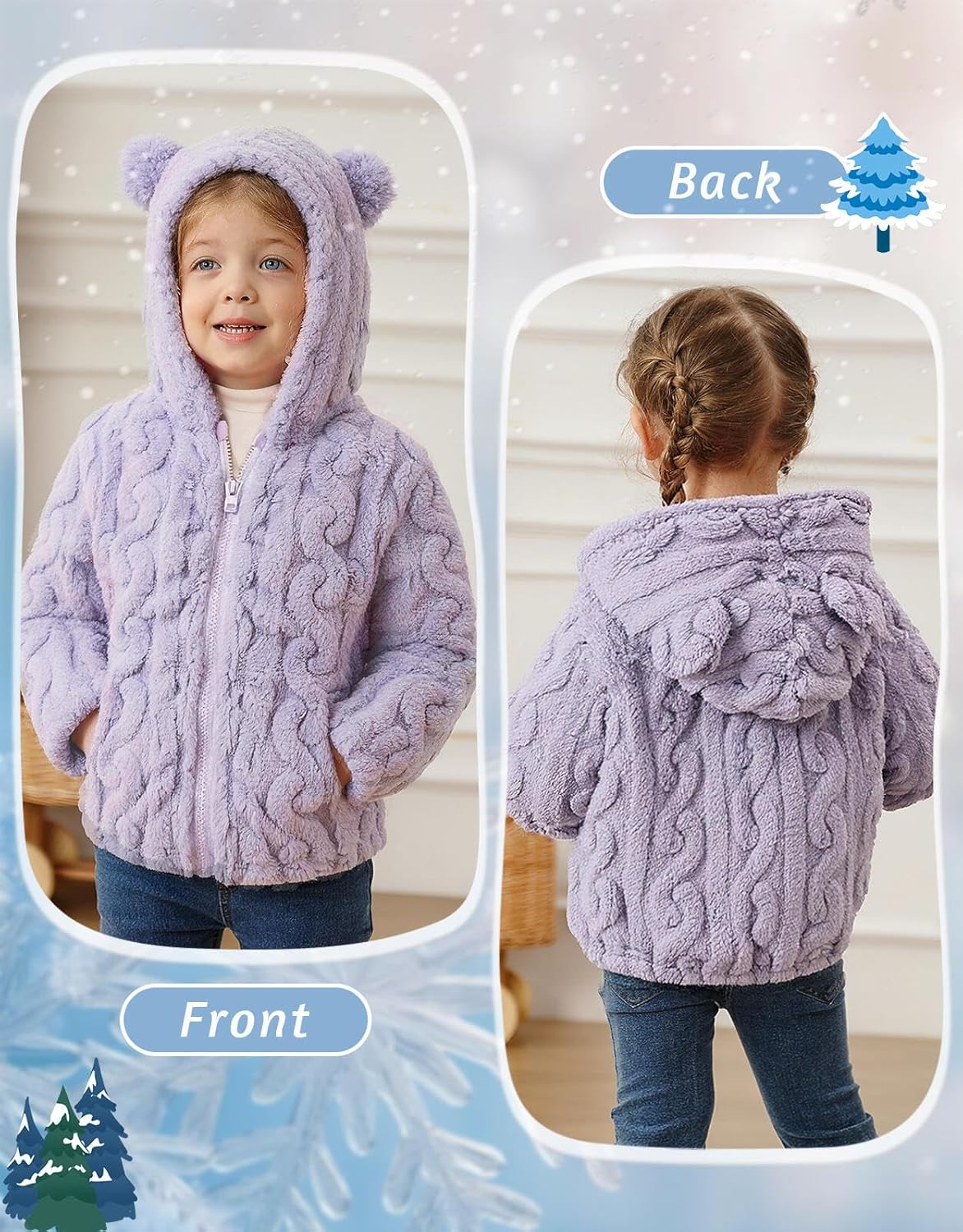 Toddler Fleece Jacket Girls Hooded Zip-up Coat Warm Winter Clothes with Pocket 2-6 Years - Image 2