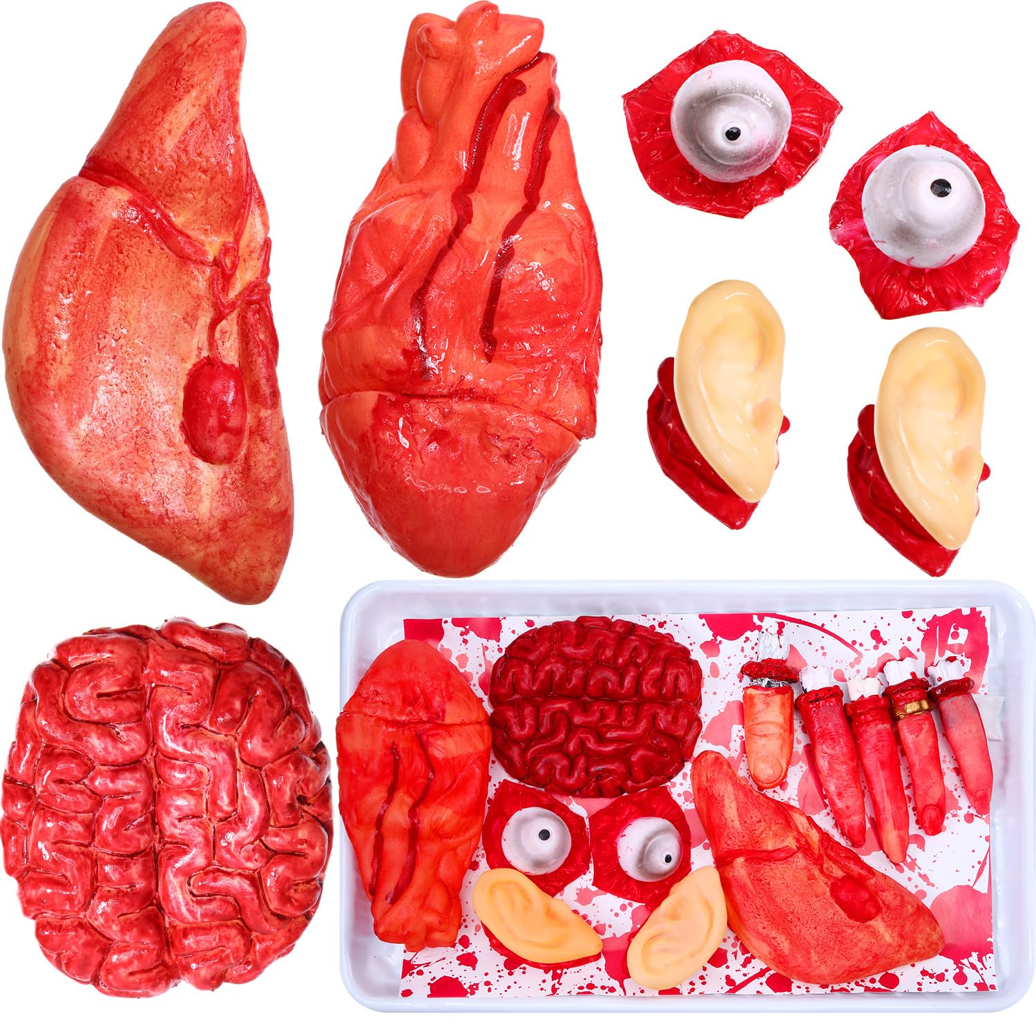 Gejoy 12 Pieces Halloween Body Parts Fake Organs Fake Heart Brain Fingers Ears Eyes Plastic Severed Body Parts Haunted Decorations for Halloween Zombie Party