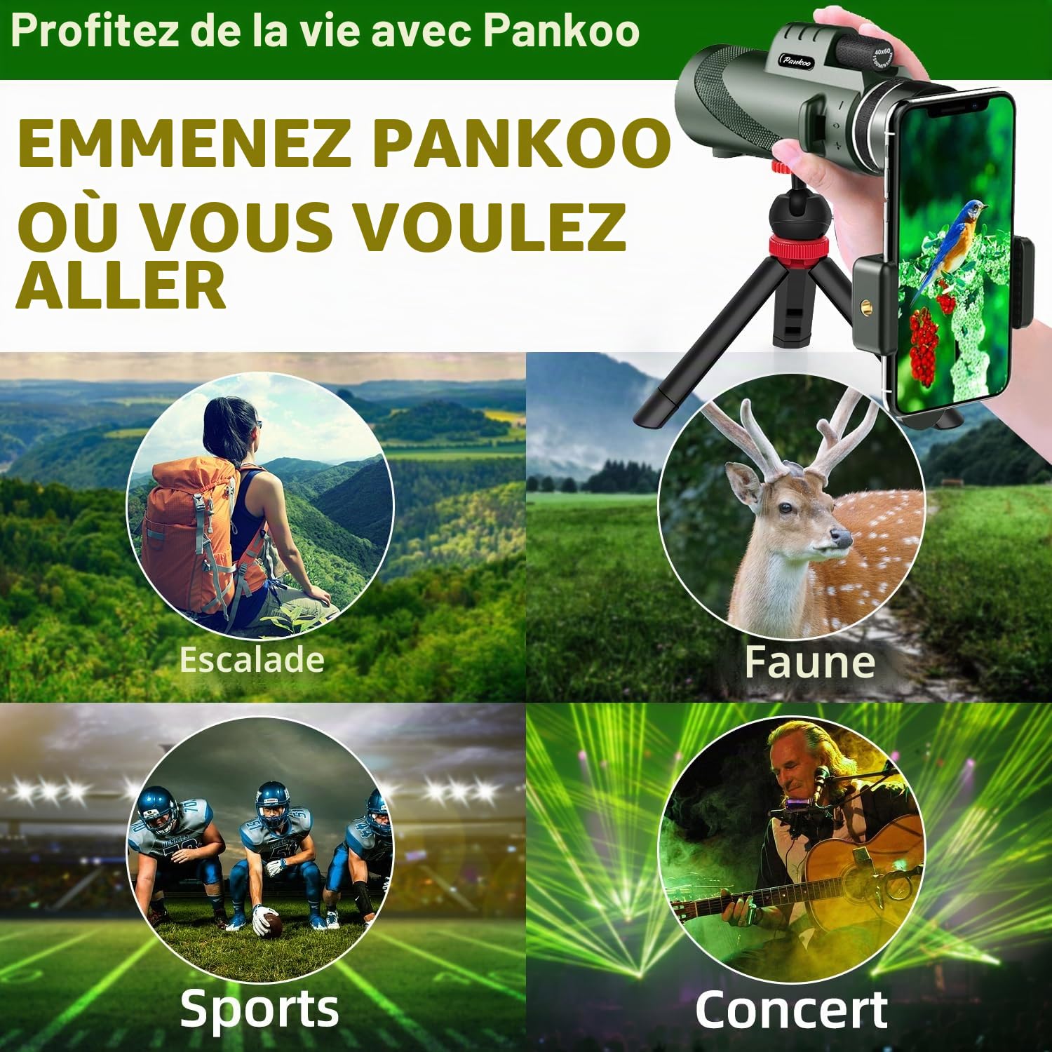 Pankoo Télescope monoculaire 40 x 60 avec Support pour Smartphone et trépied, Prisme Puissant 2024 - - Lunette monoculaire HD pour Observation des Oiseaux, Chasse, randonnée, Concert, Voyage