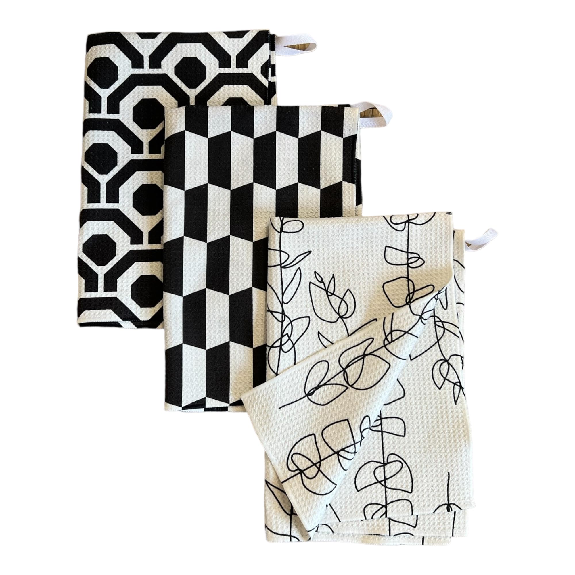 Desert Aqua || 3 Pack|| Double Sided || Not Your Ordinary Dish Towels || Waffle Weave Microfiber || Highly Absorbent || Hanging Loop || Dish Cloths || Modern || Designer Prints (Black)