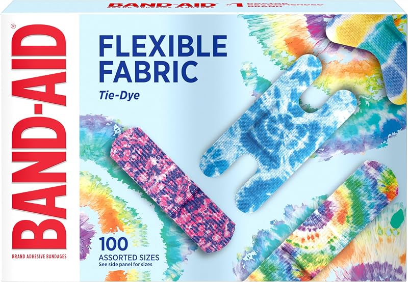 Vendas adhesivas de tela flexible marca BAND-AID, diseños Tie-Dye, 100 unidades | Protección cómoda, cuidado estéril de heridas para cortes, raspaduras y quemaduras menores, para botiquines de primeros auxilios, diseños coloridos y divertidos variados