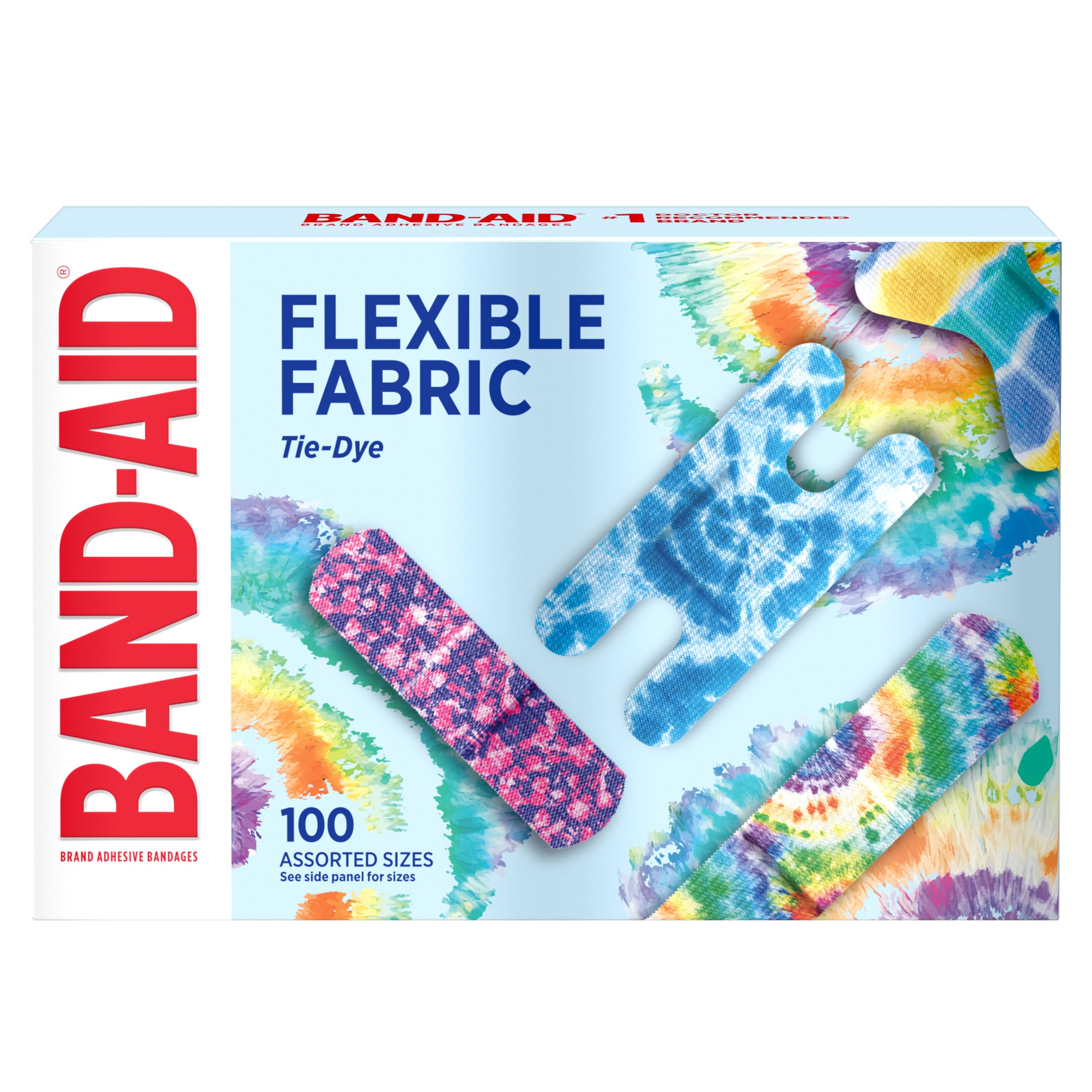 BAND-AID Brand Flexible Fabric Adhesive Bandages, Tie-Dye Designs, 100 Ct | Comfortable Protection, Sterile Wound Care for Minor Cuts, Scrapes & Burns, For First Aid Kits, Assorted Fun Colorful Designs