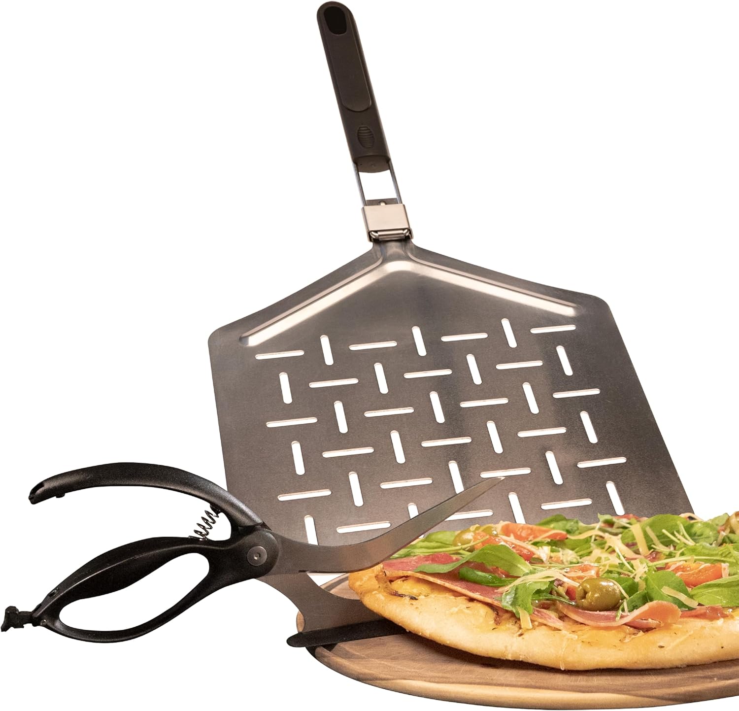 AGG Perforated Pizza Peel - 13x12 inch Stainless Steel Pizza Paddle with Scissors - Foldable Metal Pizza Shovel for Home Oven & Outdoor Grill - Essential Pizza Making Accessories Set
