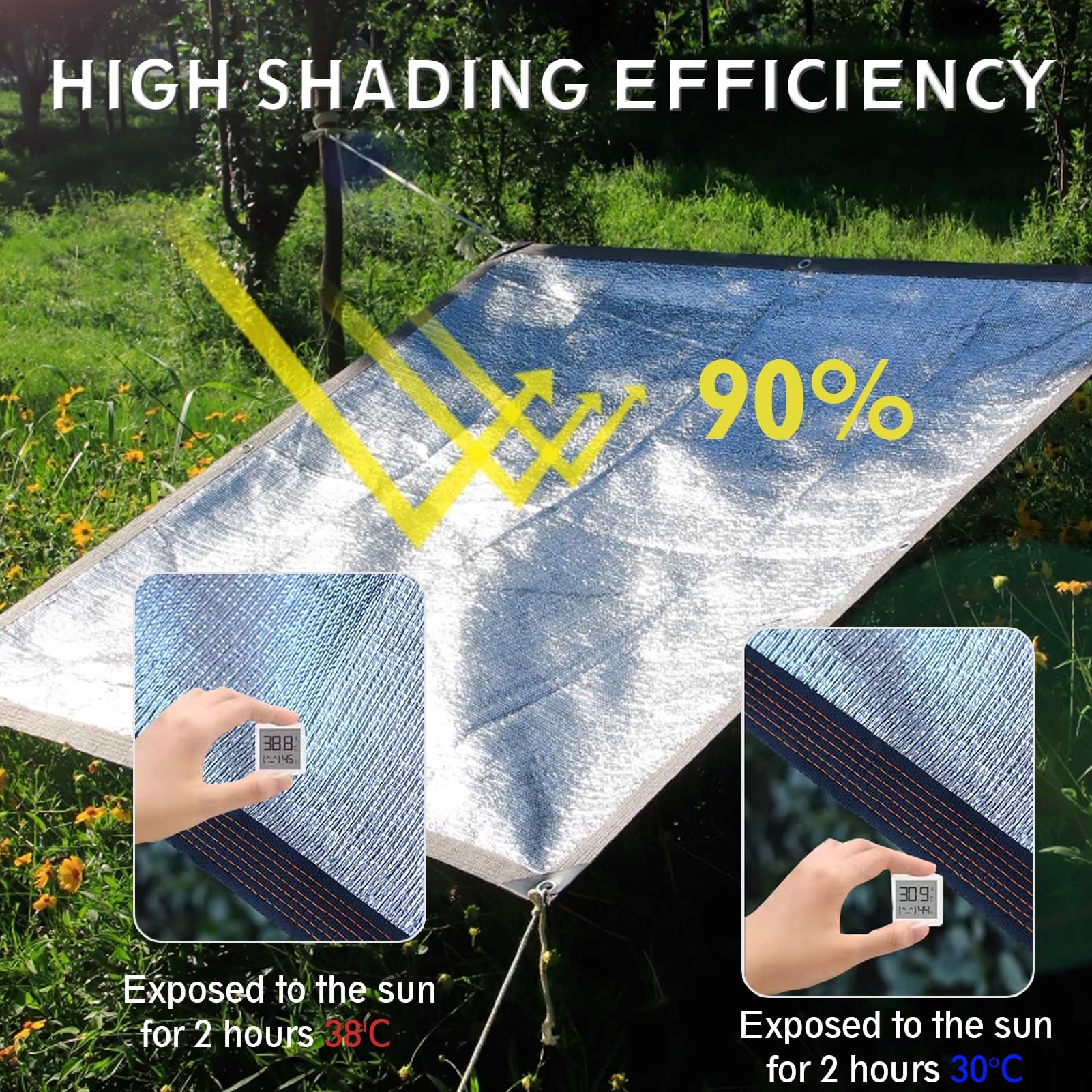 Aluminiowa tkanina zacieniająca, 90% ochrona przed promieniowaniem UV, odblaskowa siatka, ochrona przed ciepłem, do stodoły, roślin, samochodu, 3 x 4 m, z przelotkami, osłona na zewnątrz