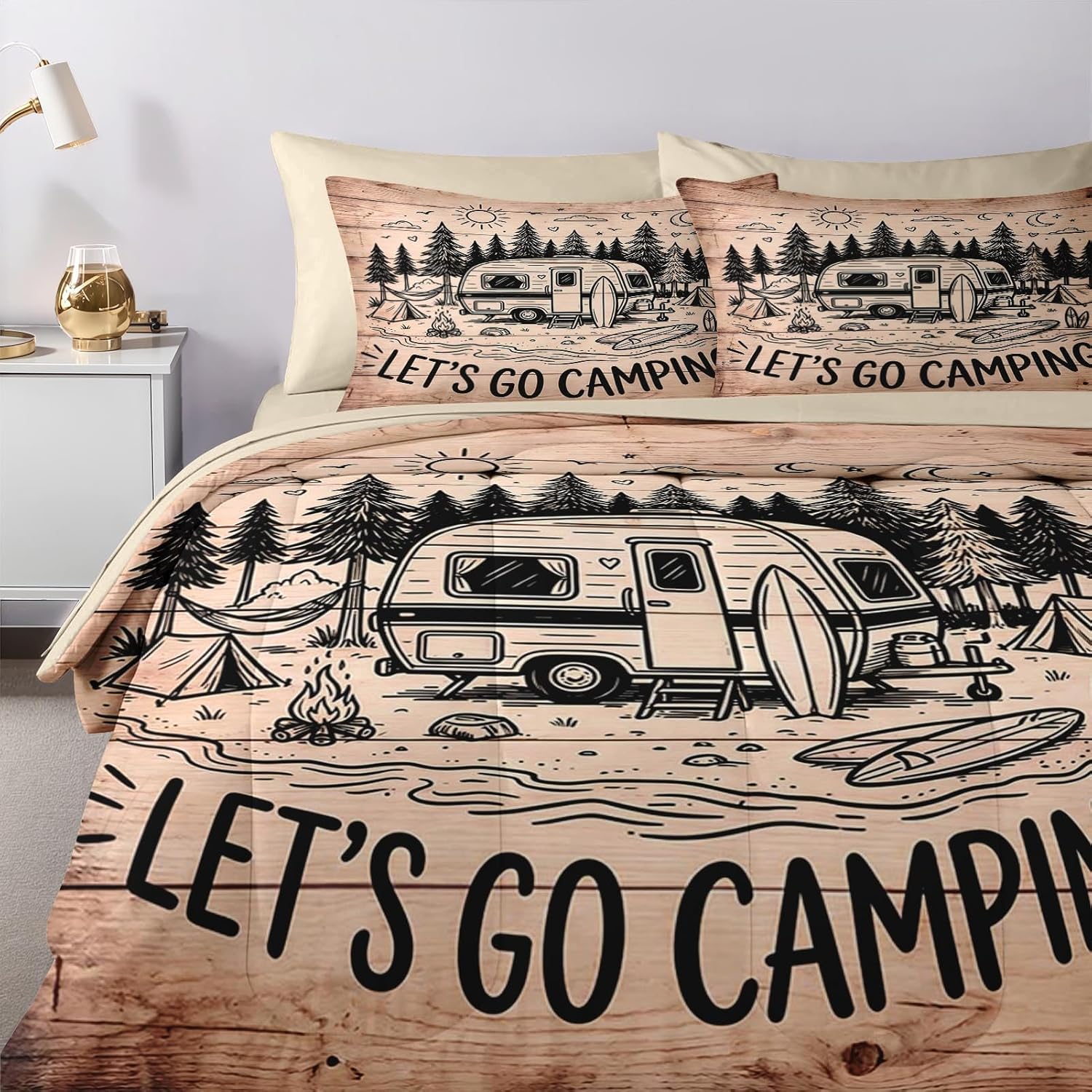 Nesker 7 Pcs Comforter Set Queen Size, Camping Forest Rv Bedding Set for Kids and Adults, Vintage Outdoor Bed Sheet Set with Fitted Sheet 2 Pillowcases & 2 Shams