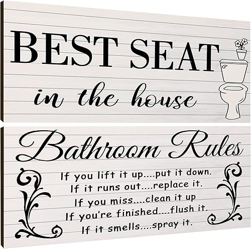Miniatura 8 de 2 piezas divertidas de decoración de pared de baño letrero de madera rústico para decoración de baño reglas de baño placa de madera rústica para