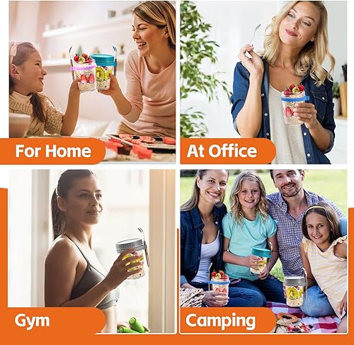 Miniatura 7 de 2 recipientes portátiles de avena con tapas y cucharas, tarros Mason de 12 onzas para avena durante la noche, tarros de avena de vidrio con marca de