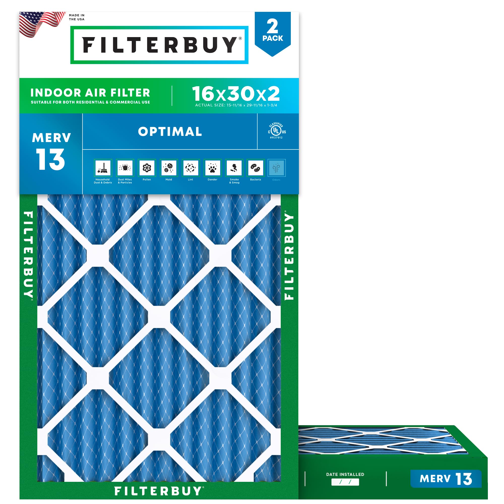 Filterbuy 16x30x2 Air Filter MERV 13 Optimal Smoke & Allergy Defense (2-Pack), Electrostatic Pleated HVAC AC Furnace Filters Replacement, Made in USA