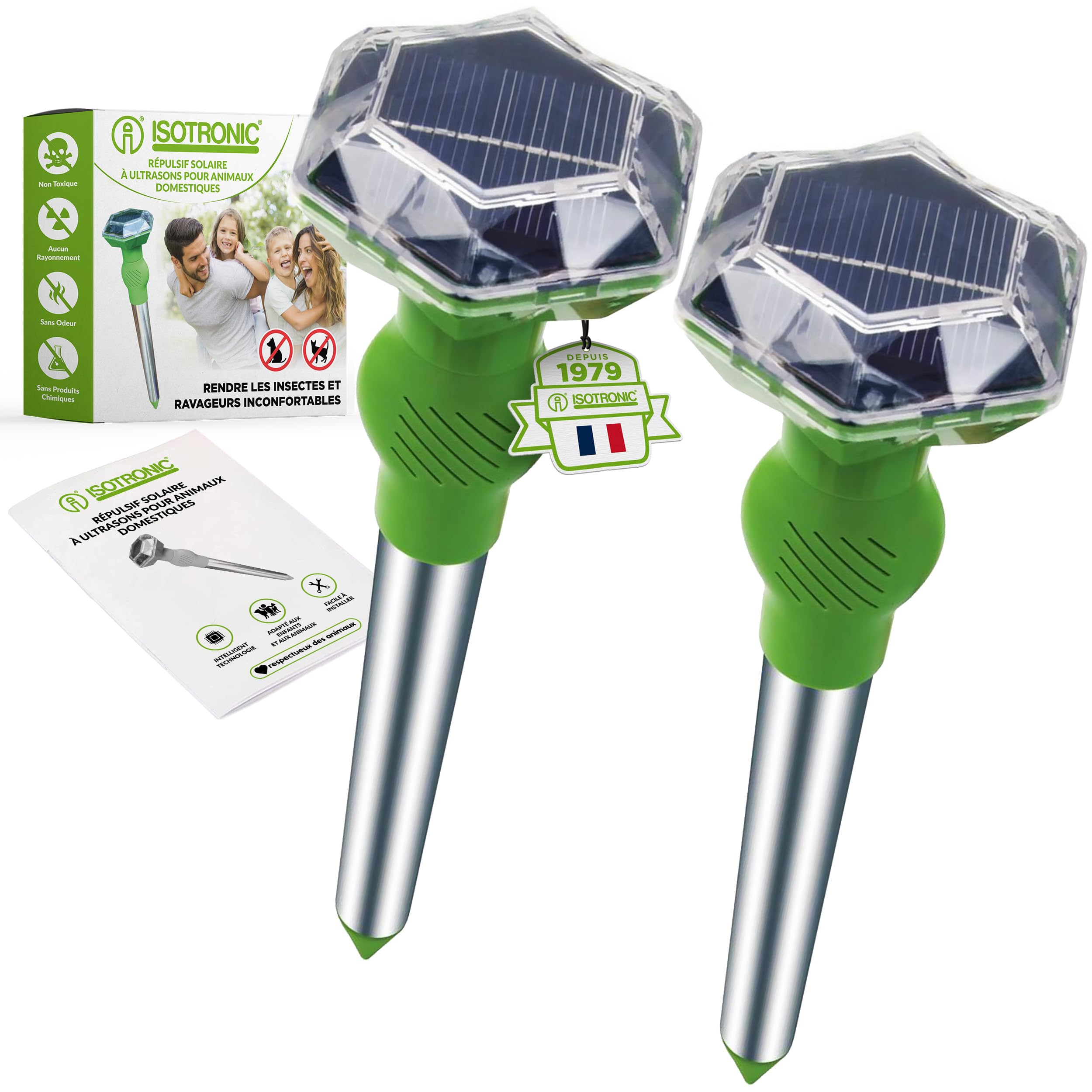 ISOTRONIC Répulsif Solaire pour Chats, Chiens, Renards et ratons laveurs – Répulsif ultrasonique pour Chats et Chiens pour Le Jardin – Répulsif avec Une portée Efficace de 40 m² (2 unités)