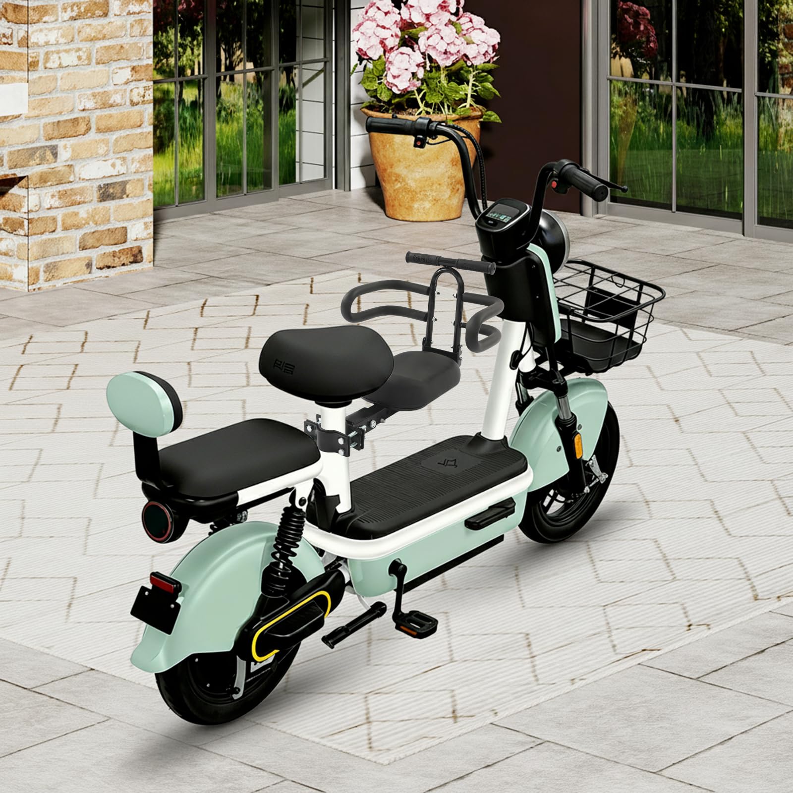 Fahrradkindersitz, Klappbarer Sitz für Elektroroller, Sitz verstellbar, Faltbar, Front Mounted Scooter, Karbonstahl, Verwendung in der Stadt, Reisen, Spaziergang, bis 30kg