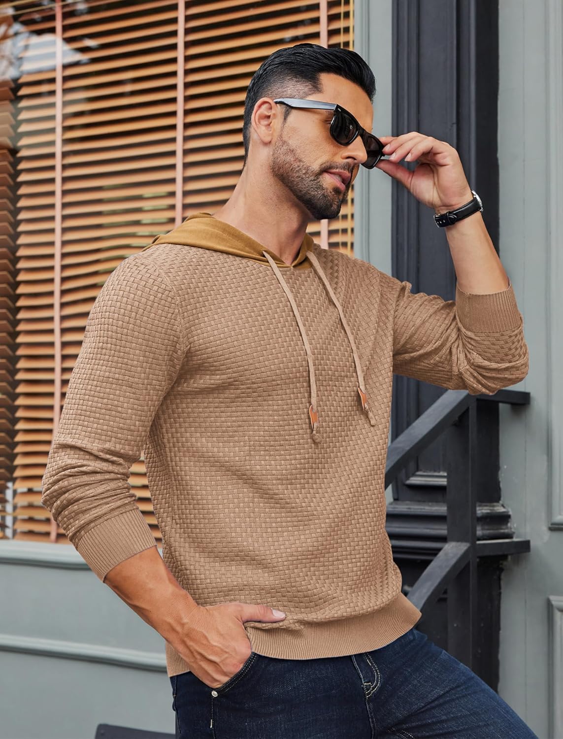 COOFANDY Mens Hooded Sweatshirt Casual Long Sleeve Drawstring Waffle Knit Hoodies Slim Fit Hoodies Pullover - Image 2