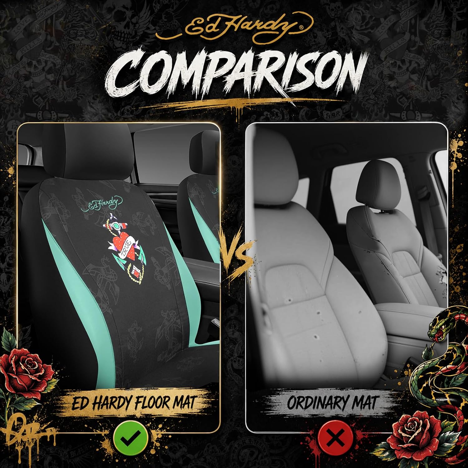 ED HARDY Heart Print Car Seat Covers, Mint Leather Patchwork Design Front Seat Covers, Airbag Compatible Seat Cover for Cars, Universal Fit Automotive Covers for Most Cars, Trucks & SUVs