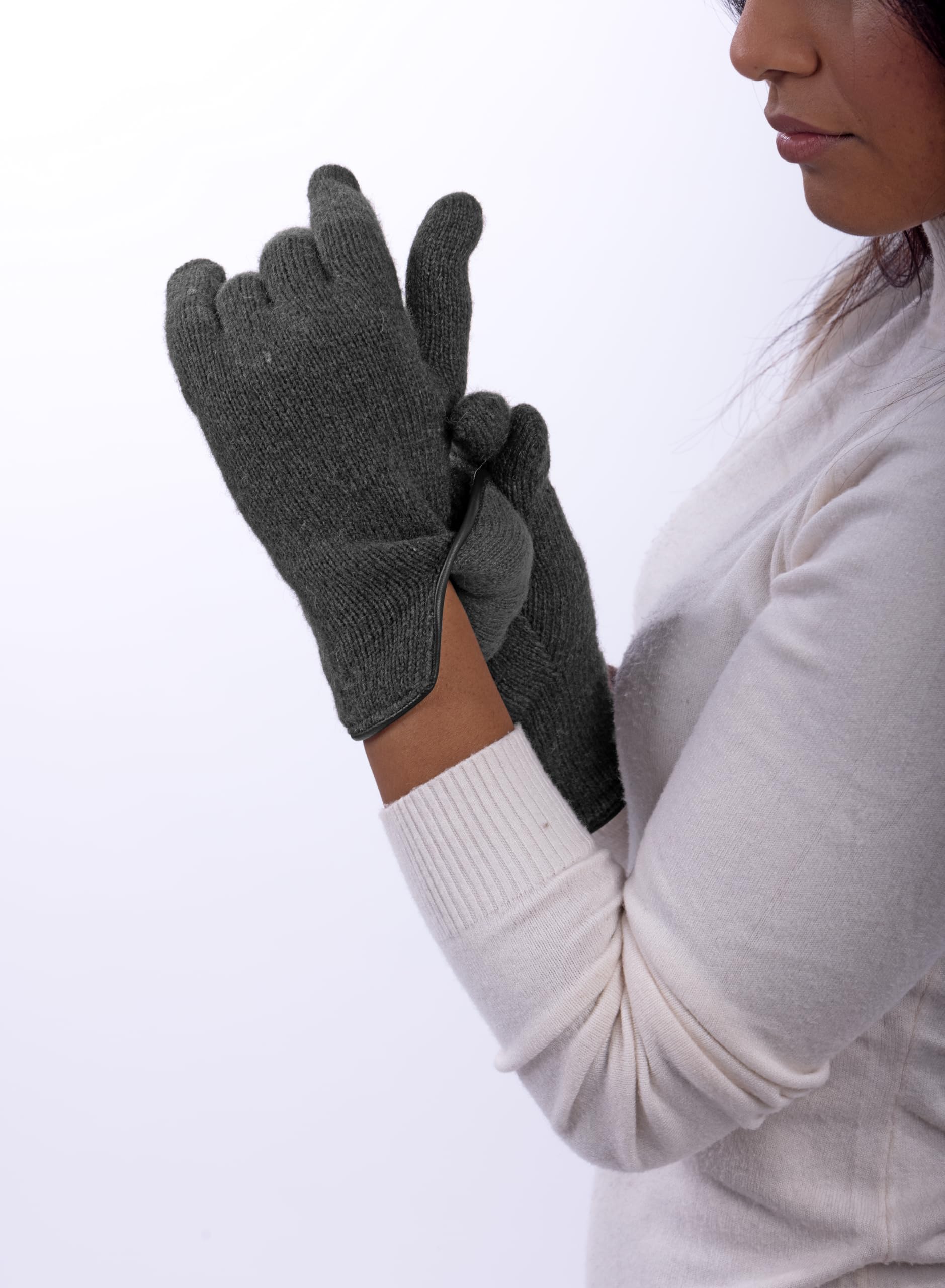 Gants en laine doublés en cachemire avec bords en cuir - Femme - Artisanat - Made in Italy, Noir , Taille unique