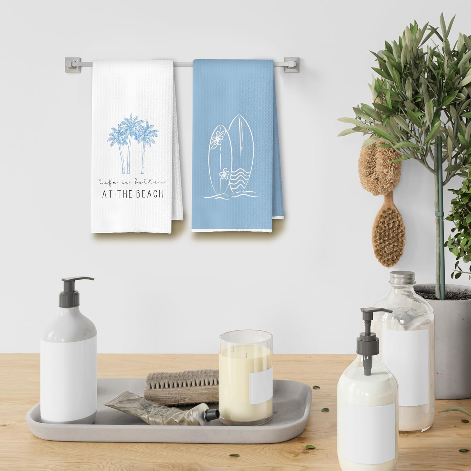 Retro Blue Coastal Beach Kitchen Towels, Tropical Palm Tree Seashell Surfboard Beach Hand Towels for Bathroom Decor, Coastal Nautical Dish Tea Towel for Kitchen, 16x24 Inches Set of 4 - Image 5