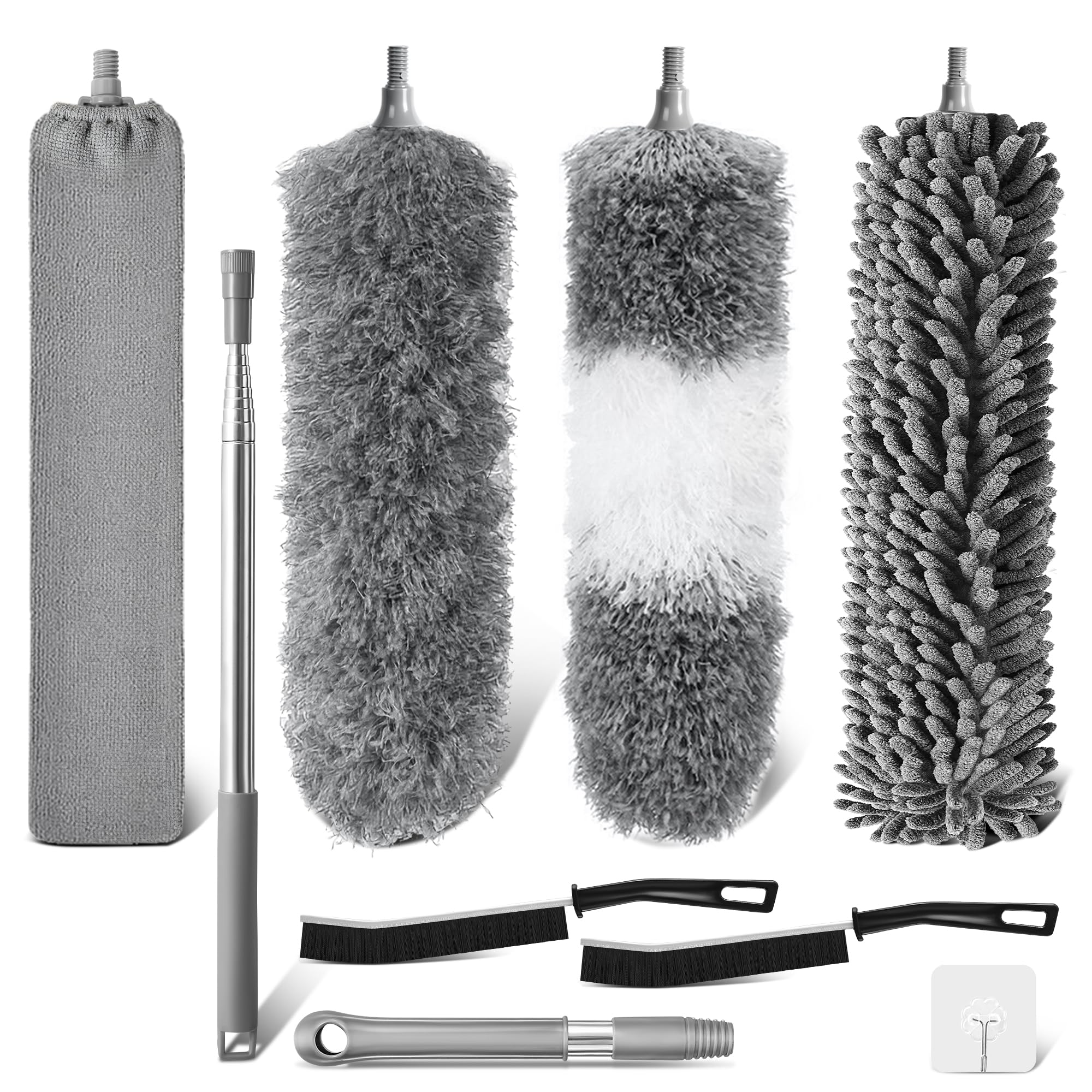 Plumero atrapapolvo Lavable, Kit de 9. ¡Plumero telescópico Extensible de 250 cm con Cabeza Flexible! Limpia sin Esfuerzo techos Altos, bajo Muebles, Grietas y telarañas