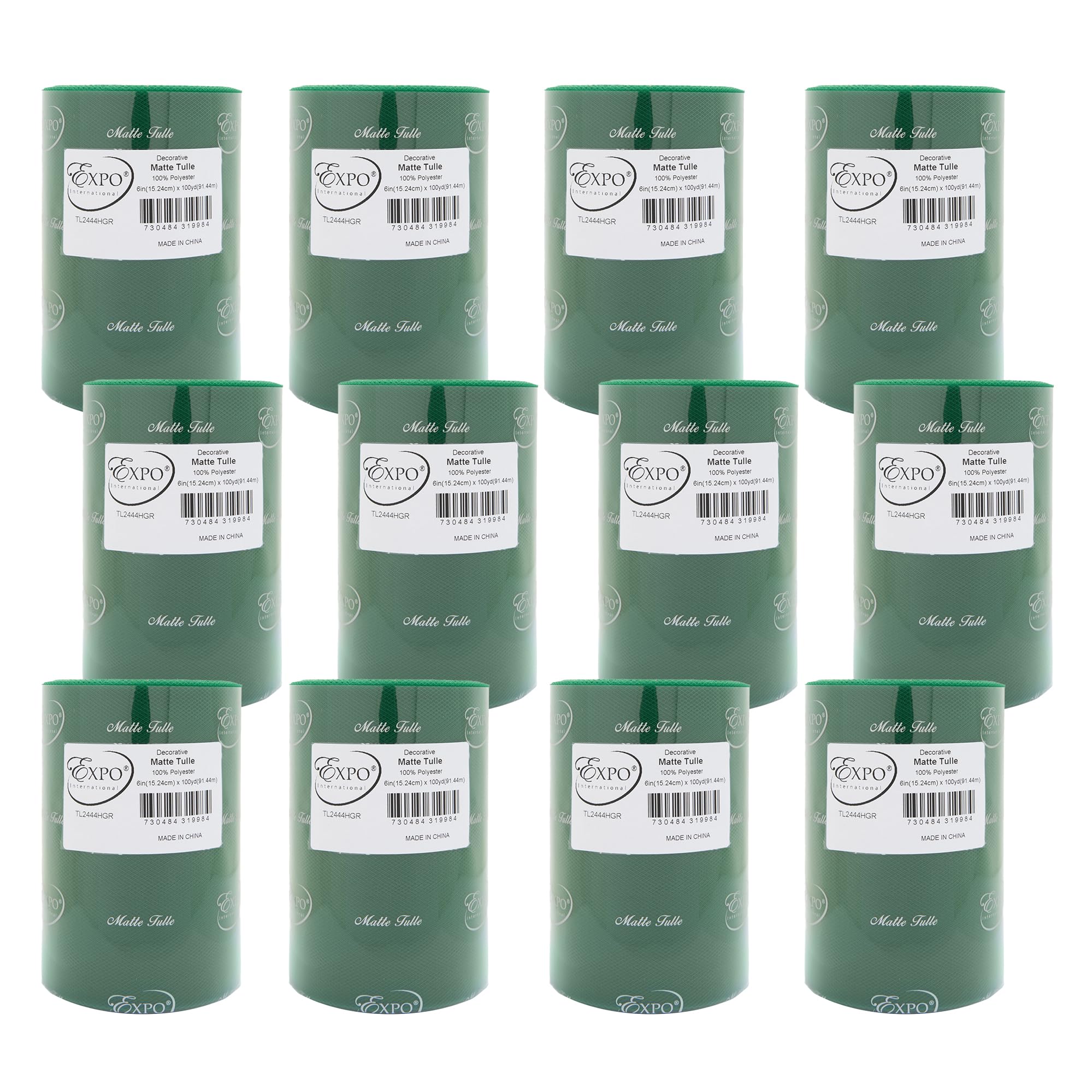 Expo International Decorative Matte Tulle, Roll/Spool of 6” X 100 Yards, Lightweight Polyester Tulle Fabric for Tutus, Costumes, and Party Decorations, Washable, Easy-to-Use, Pack of 12, Hunter Green