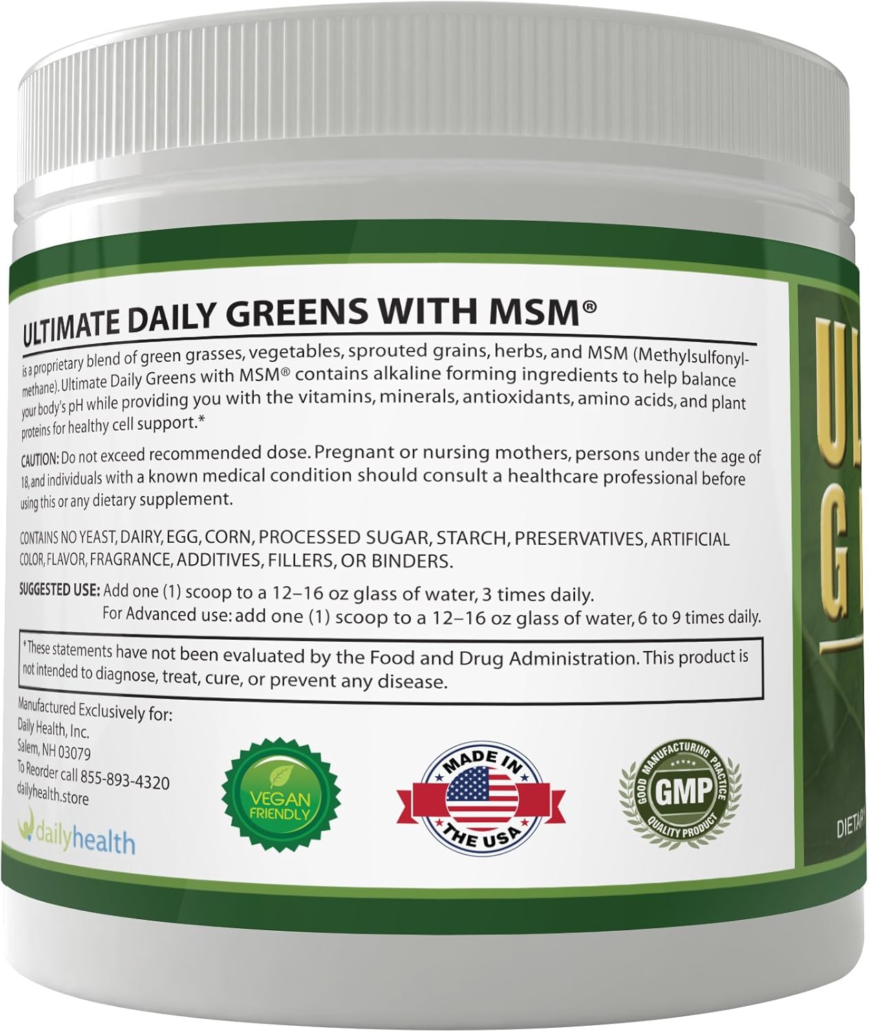 Daily Health, Ultimate Greens Powder Immune Support Vegan Friendly Vegetable Alkalize Drink NO GMO Gluten Soy Free 8oz 3 Pack