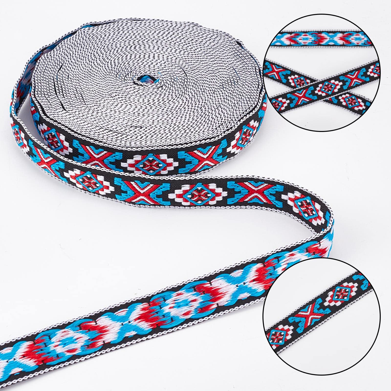 GORGECRAFT Jacquardband, etnisch geborduurd, 3/4 inch breed, rood, blauw, wit, geometrisch gemengd, franjes of naaien, doe-het-zelf handwerk, kleding, verfraaiing