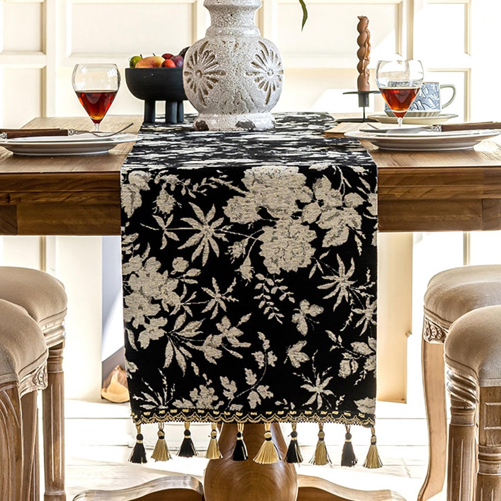 Tischläufer Hochzeit Polyester, Tischläufer Modern 35x210 cm, Leinenoptik mit Jacquard Aus Blättern und Blumen