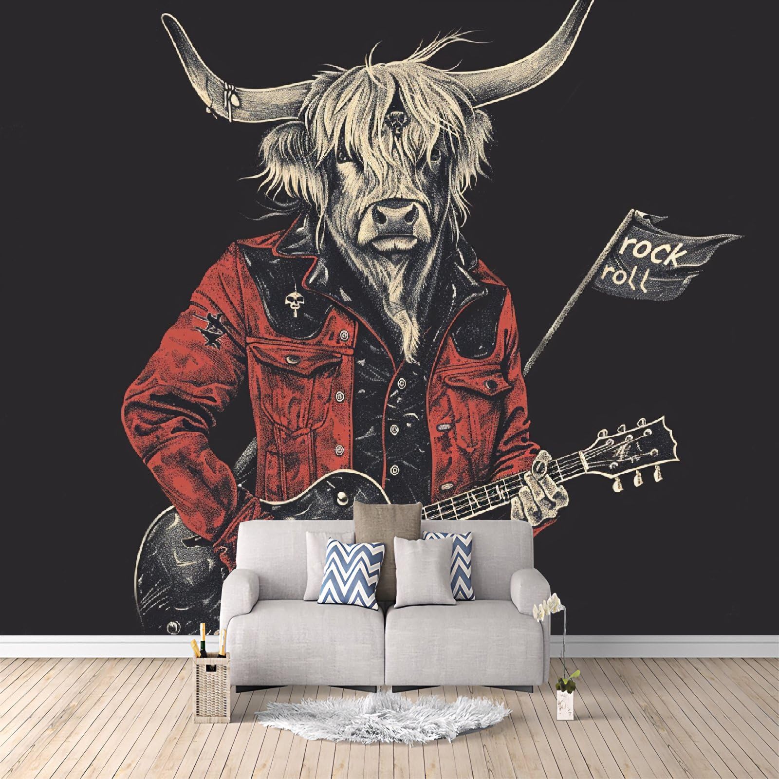 Fotomural Vaca Rock Música Guitarra Negro Fotomurales Decorativos Pared, Murales 3D Papel Pintado Pared Mate‌ Foto Mural Tejido no Tejido, Para Dormitorio Habitación infantil Salon 300x210 cm