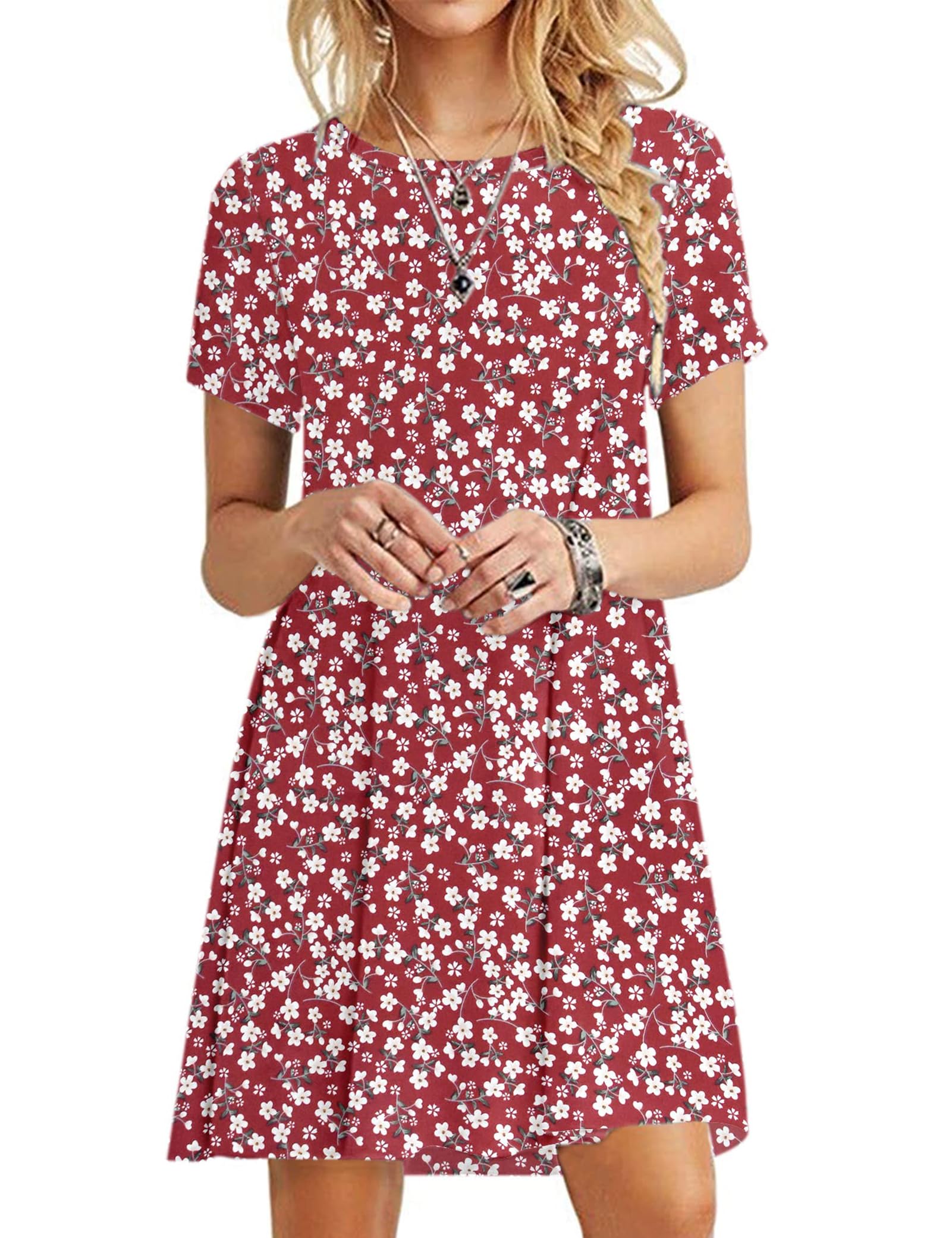 MOLERANI Midi Dresses for Women UK Casual T-Shirt Dress Short Sleeve Ladies Beach Dress (XL Size, Red Flower)