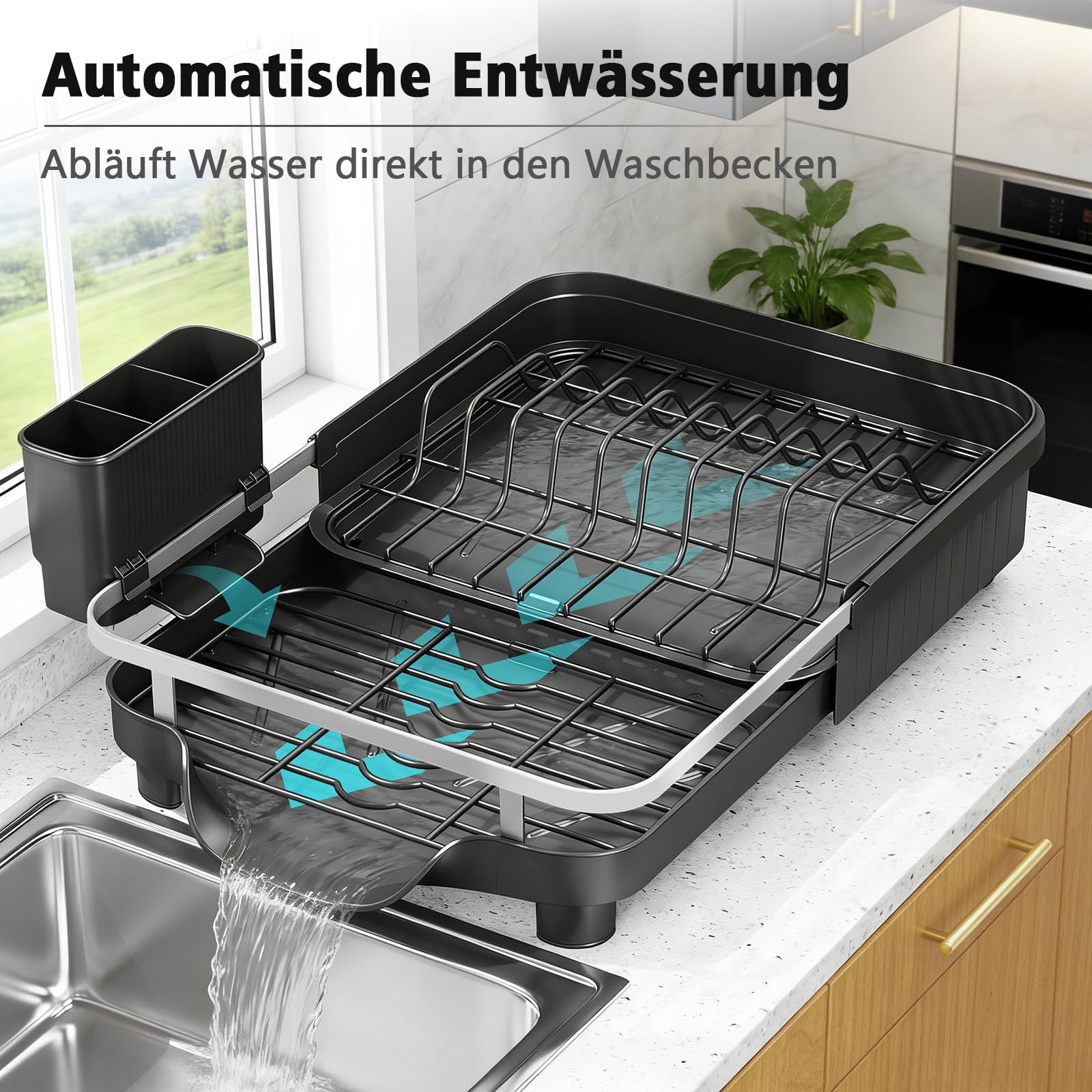 PurKeep Escurreplatos extensible con soporte para cubiertos, color negro | Escurreplatos con bandeja de goteo para platos, tazas, cubiertos, escurreplatos para ahorrar espacio, color negro