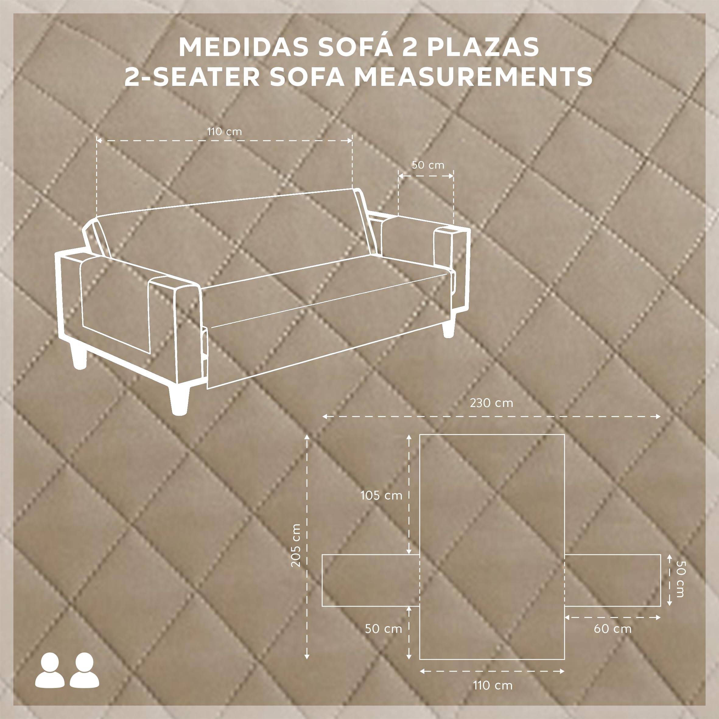 Textilhome Copridivano Malu 2 Posti (110cm) – Salvadivano Trapuntato Reversibile Universale, Protezione Antigraffio, Fodera Imbottita per Divano, Colore Beige