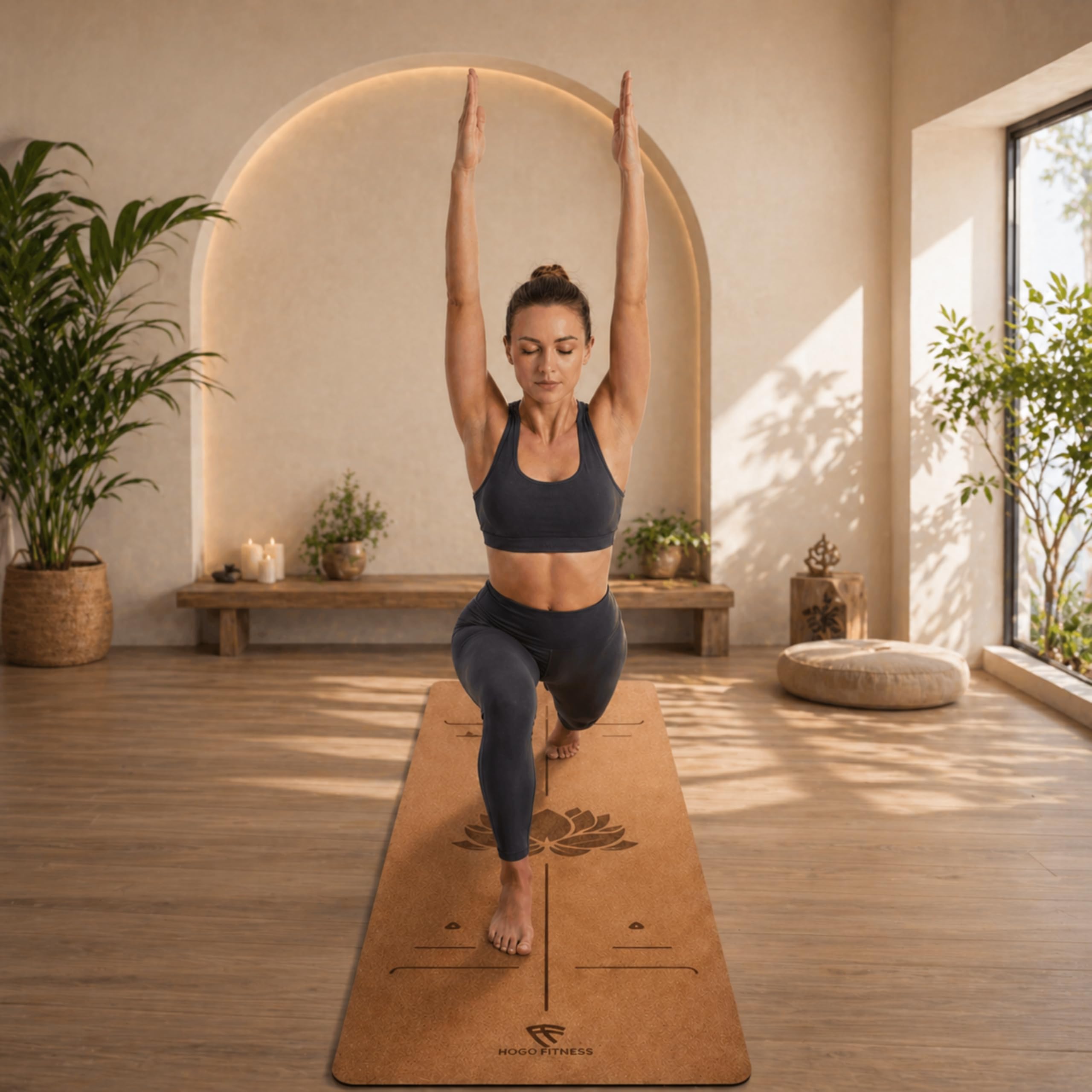 Esterilla de yoga de corcho premium (5 mm, 183 x 66 cm), antideslizante, con líneas de alineación, esterilla de pilates y entrenamiento ecológica, incluye bolsa de transporte