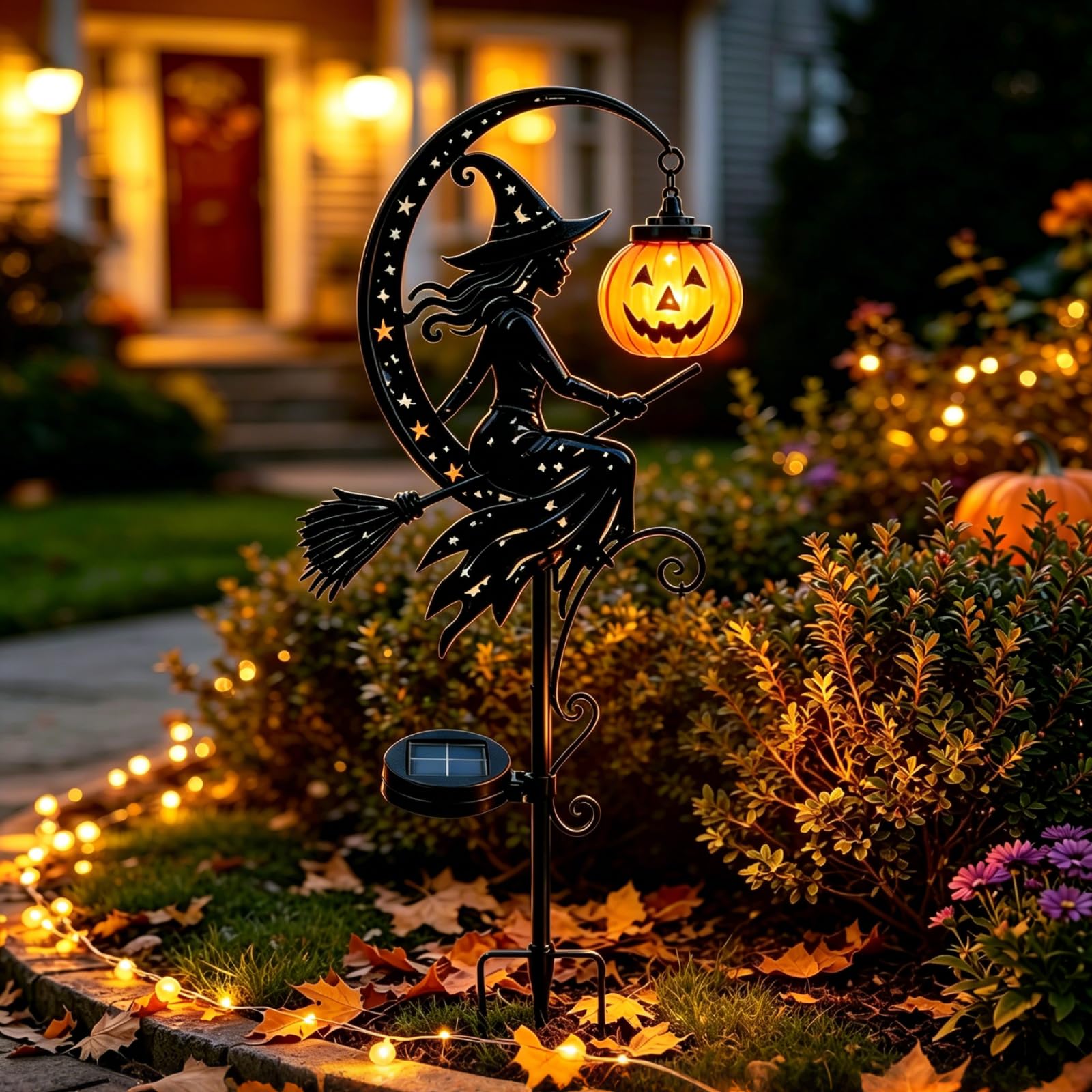 Solar Witch Pumpkin Moon Garden Stake Light, Waterproof LED Outdoor Decor