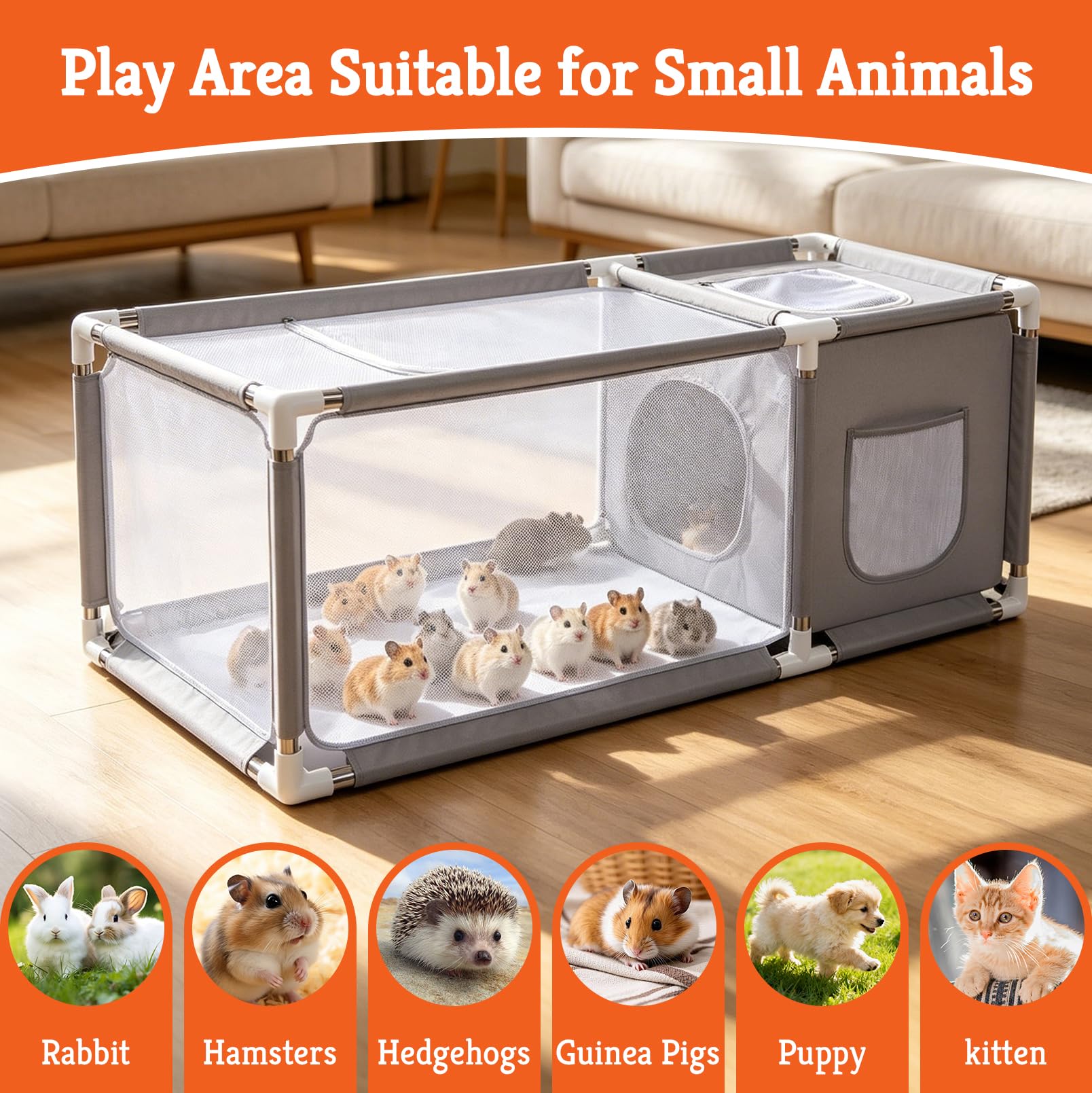 Enclos pour petits animaux, avec couvercle supérieur et doublure imperméable au sol, il dispose d'une zone visible et d'une zone cachée et est donc également adapté aux petits animaux domestiques, 133