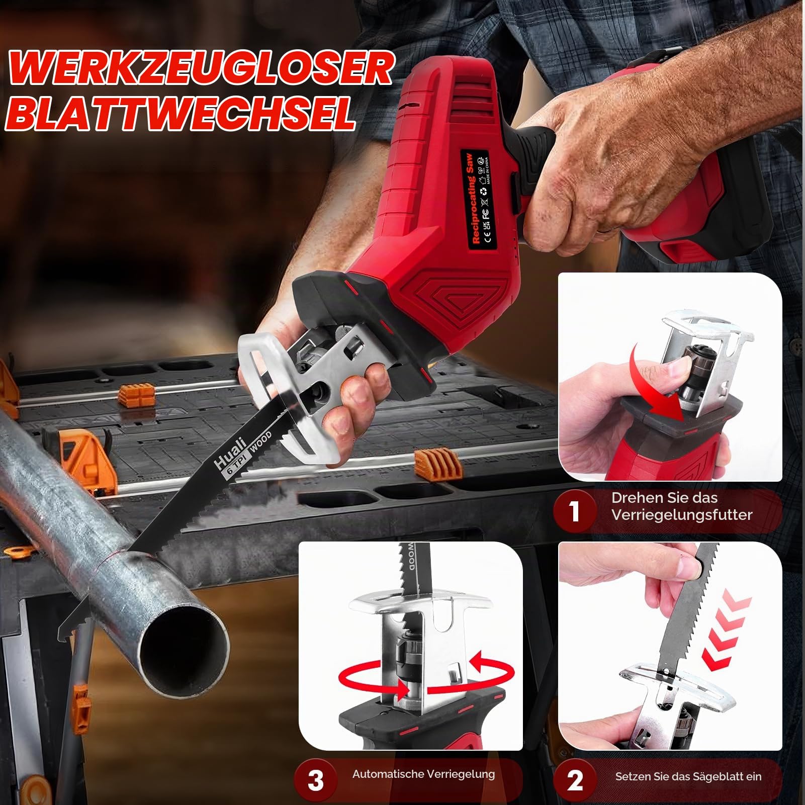 Akku Säbelsäge 21V & Reciprosäge, 4000 RPM Kabellos mit 2x 2.0Ah Akku, 8 Sägeblätter für Holz Metall, Fuchsschwanz Säge Elektrisch für Baustelle Garten