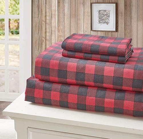 Virah Bellah - Juego de sábanas de 4 piezas tamaño Queen, cuadros rojos y negros, ropa de cama temática de cabaña - Rojo, negro