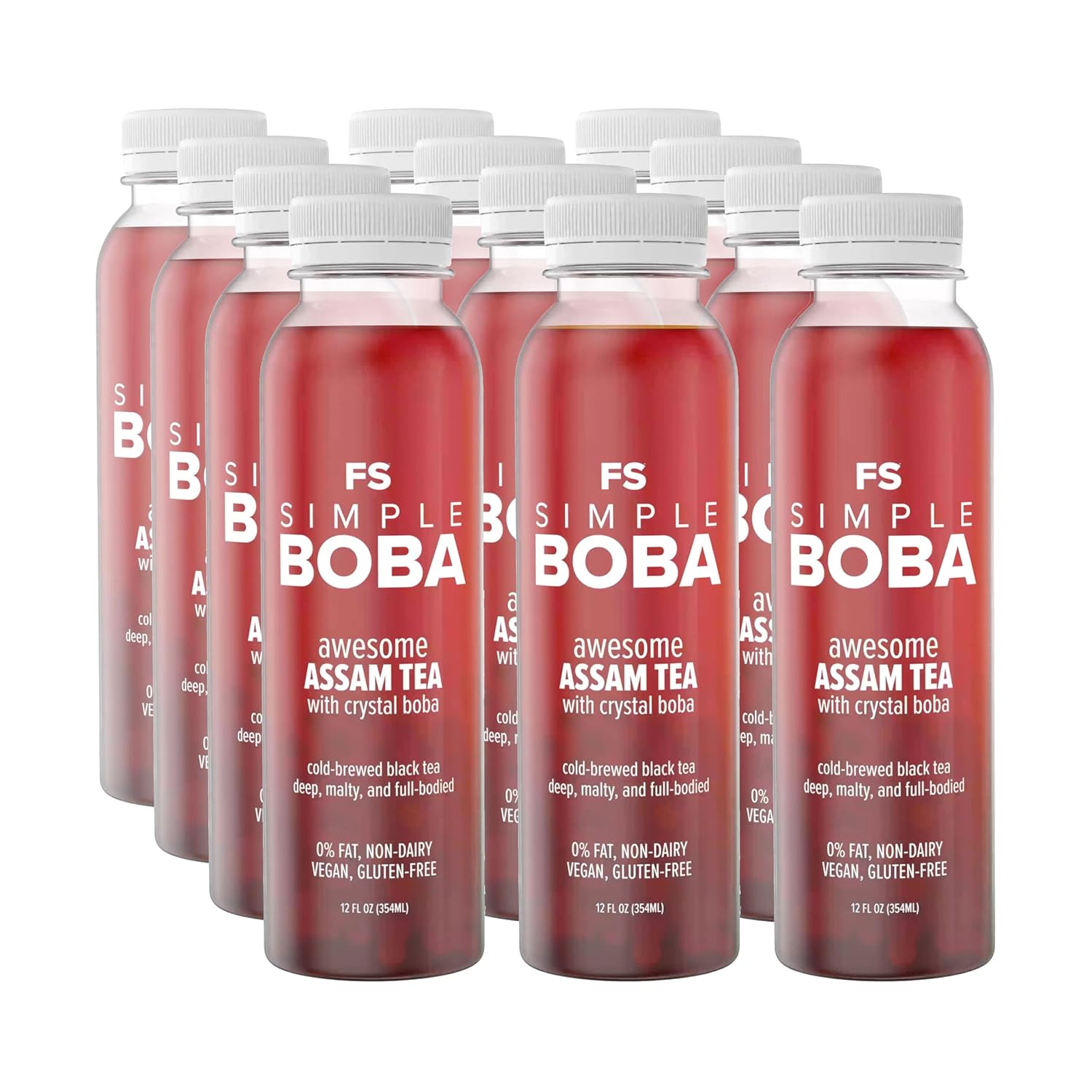 FS Simple Boba | Natural Bubble Tea or Juice with Healthy Konjac Crystal Boba Pearls | NO Artificial Ingredients or Preservatives | 0% Fat, Dairy-Free, Gluten-Free, Vegan | 12oz Bottles (Awesome Assam Black Tea, 12 Pack)