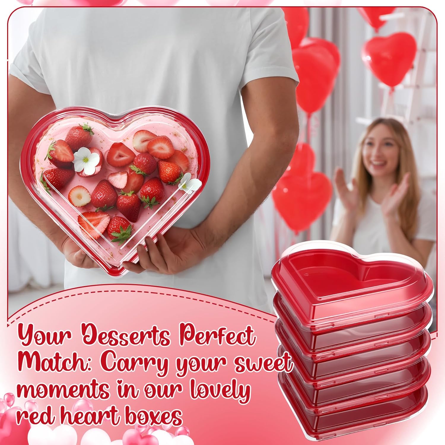 Macarrie 25 Pcs Mother's Day Heart Shaped Serving Tray Platter 20 oz Heart Plates with Clear Lids Dessert Plates Snack Tray for Mother's Day Birthday Party Table Decoration (Red)