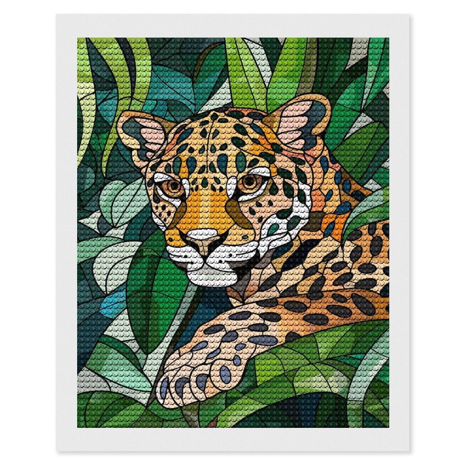 Junmoney Jaguar in Lush Greenery Diamond Art Canvas 16"x20", for Adults, Printed Canvas, Home Wall Decor, Gift Idea, Mindful Craft Activity