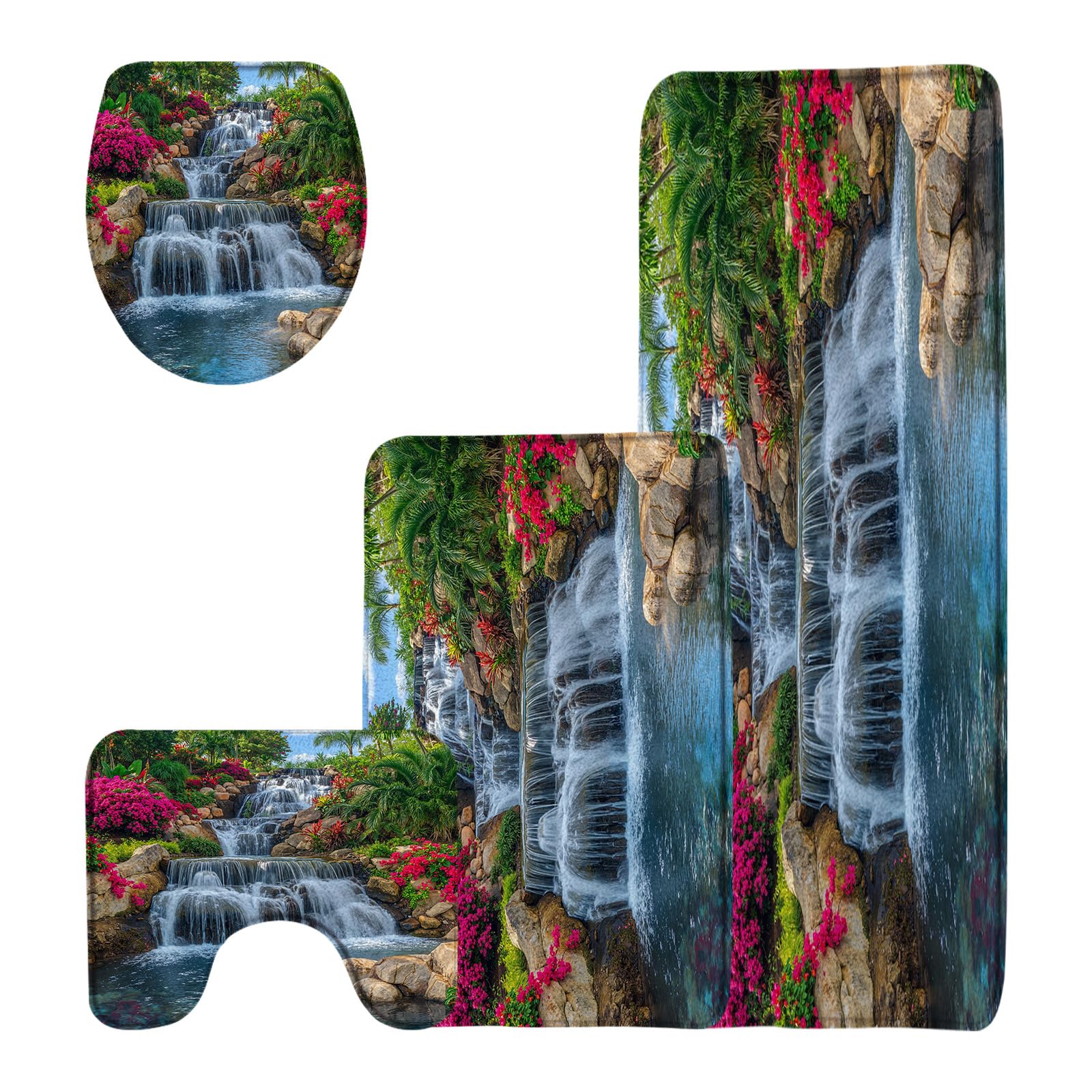 DSMEUE 4 Pieces Bathroom Rug Sets,Tropical Landscape Waterfall Rainforest Forest Lake Flower Nature Green 16"x24"and 20"x31"Bath Mats,Toilet Cover,