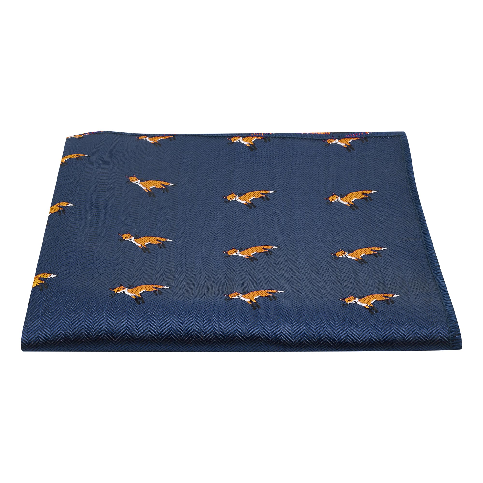 King & Priory Navy Blue Herringbone Embroidered Fox Pocket Square, Handkerchief