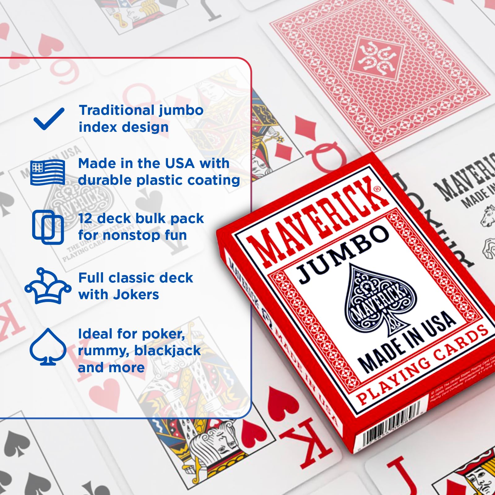 Maverick Lot de 12 cartes à jouer Made in USA Jumbo Index Rouge Bleu