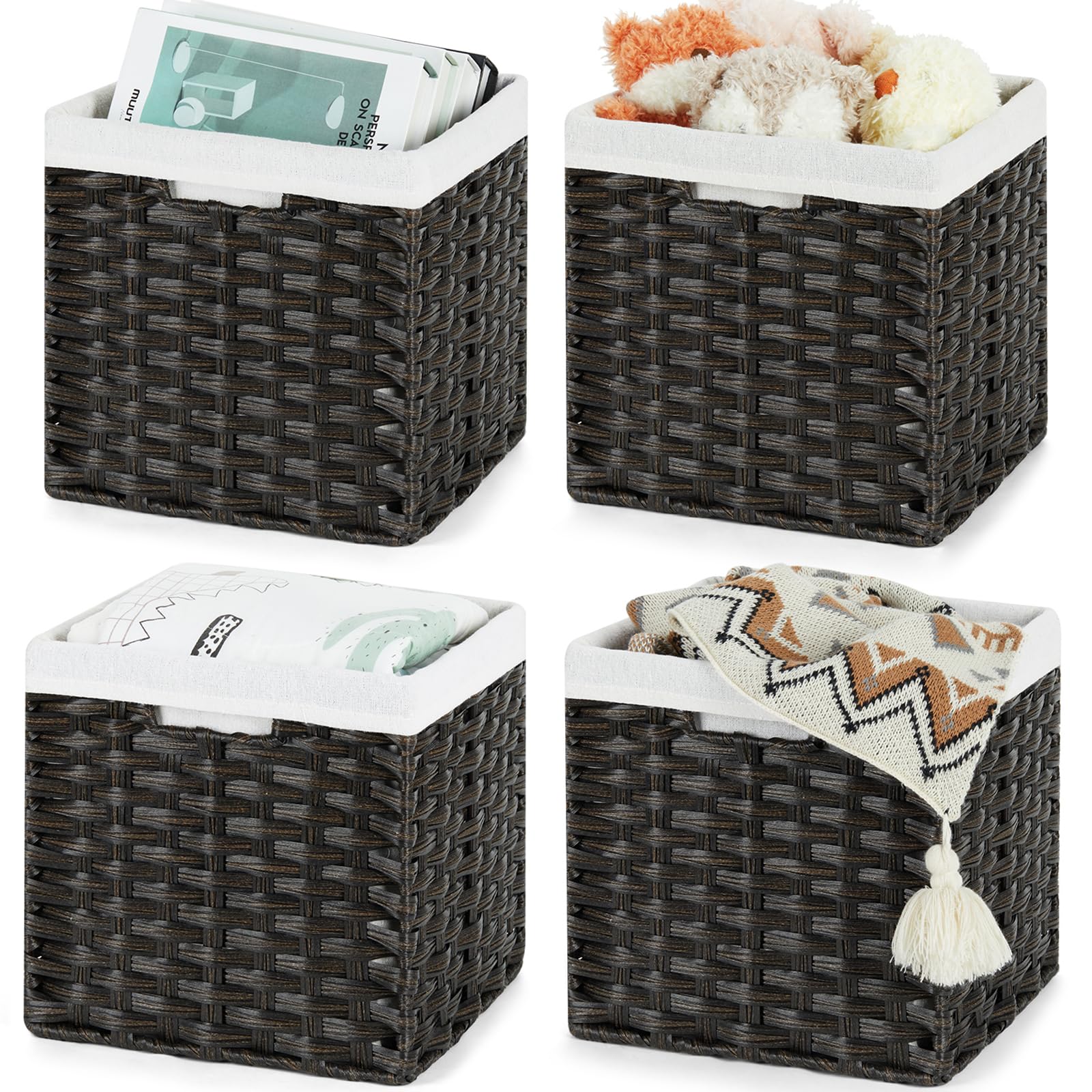 Bidtakay Black Wicker Cube Baskets 11 inch 4 Pack Waterproof Hand-Woven Storage Baskets for Organizing Pantry Bedroom