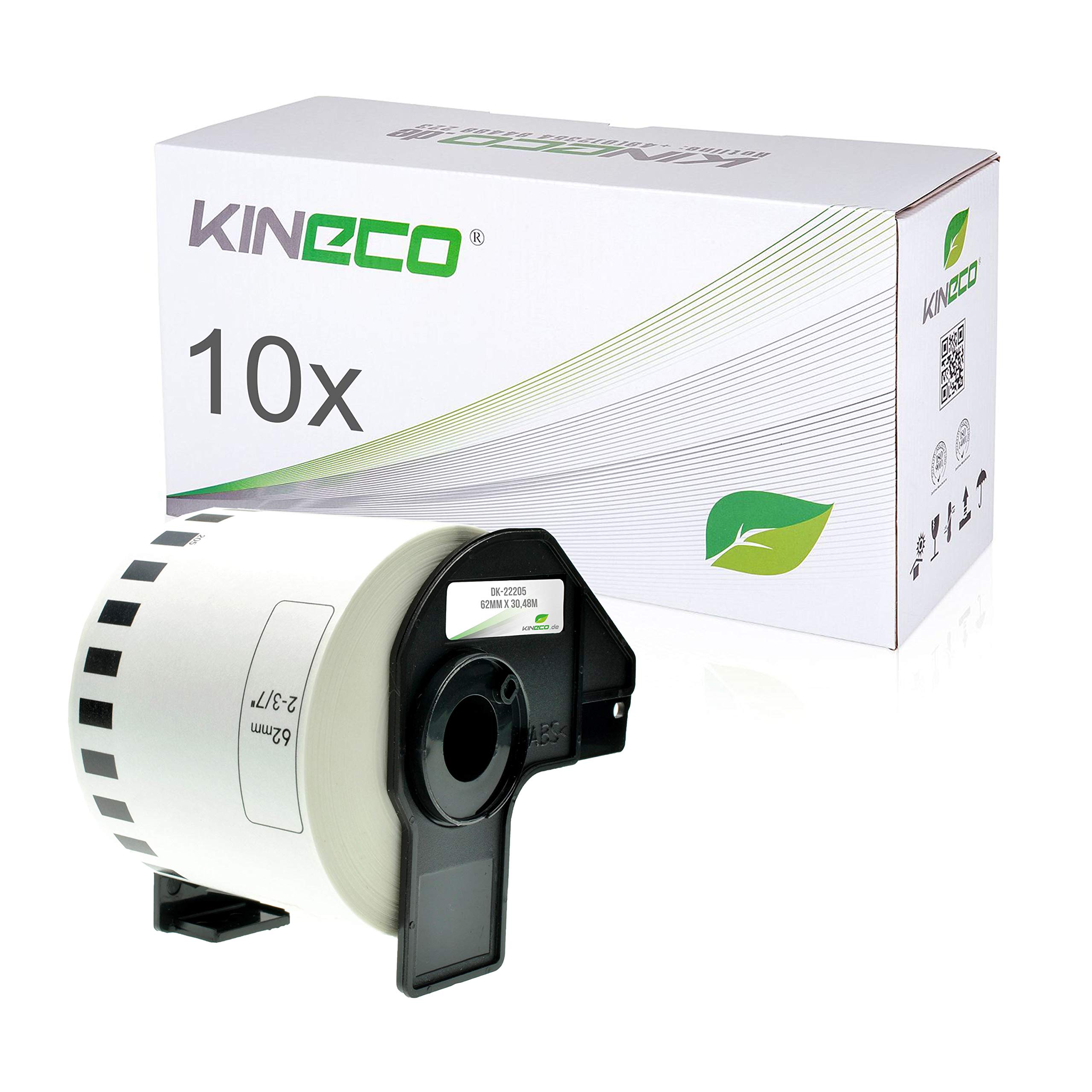Kineco 10x Endlos-Etikett kompatibel für Brother DK22205 62mm x 30,48m für Brother P-Touch QL-500, 500A, 500BS, 500BW, 550, 560VP, 560YX, 570, 580N, 650TD, 710, 710W, 720NW, 1050N, 1060N