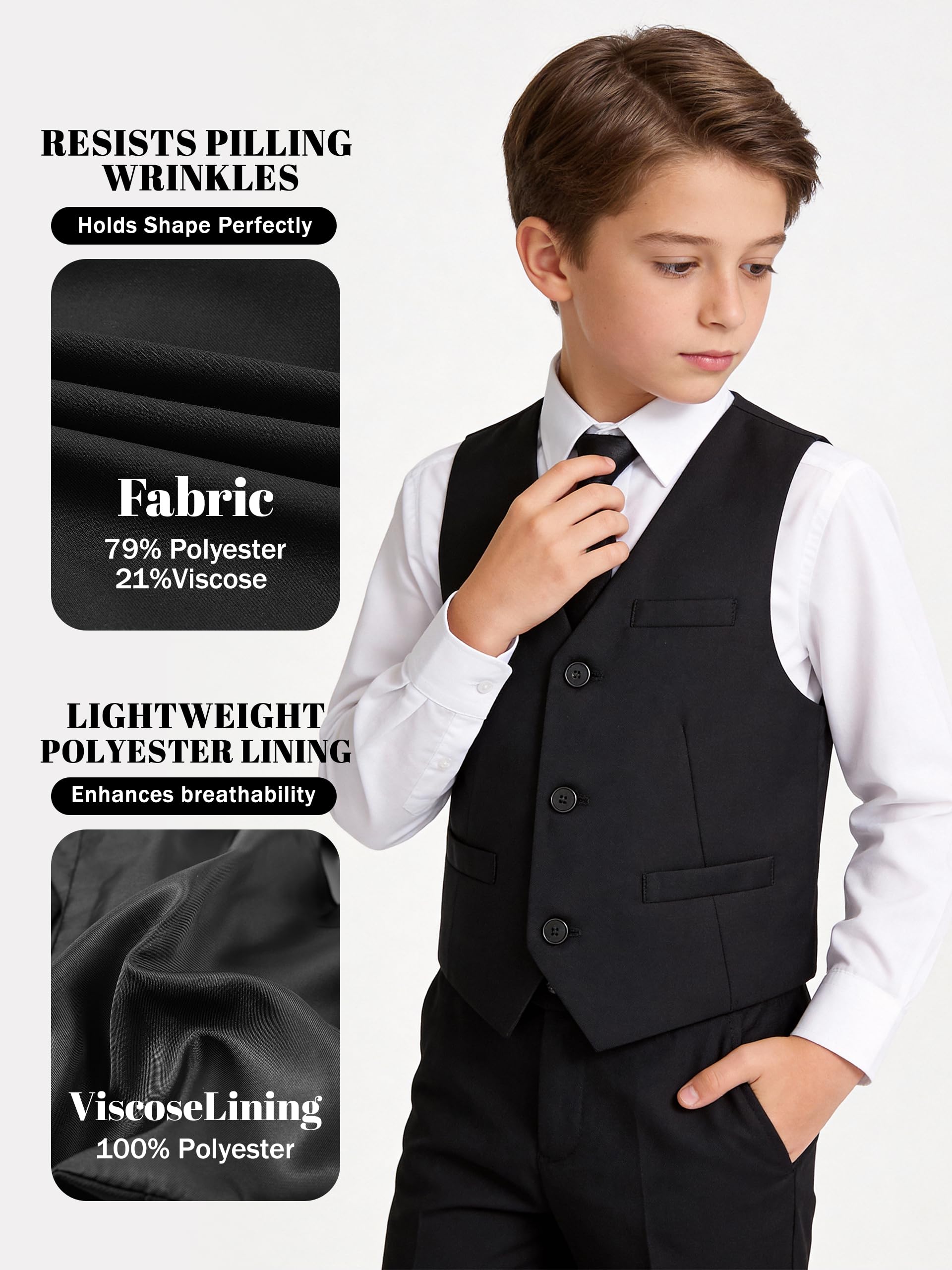 LOLANTA Gilet da Cerimonia per Ragazzi, Gilet da Smoking Monopetto Completamente Foderato per Matrimonio 7–14 Anni - 3