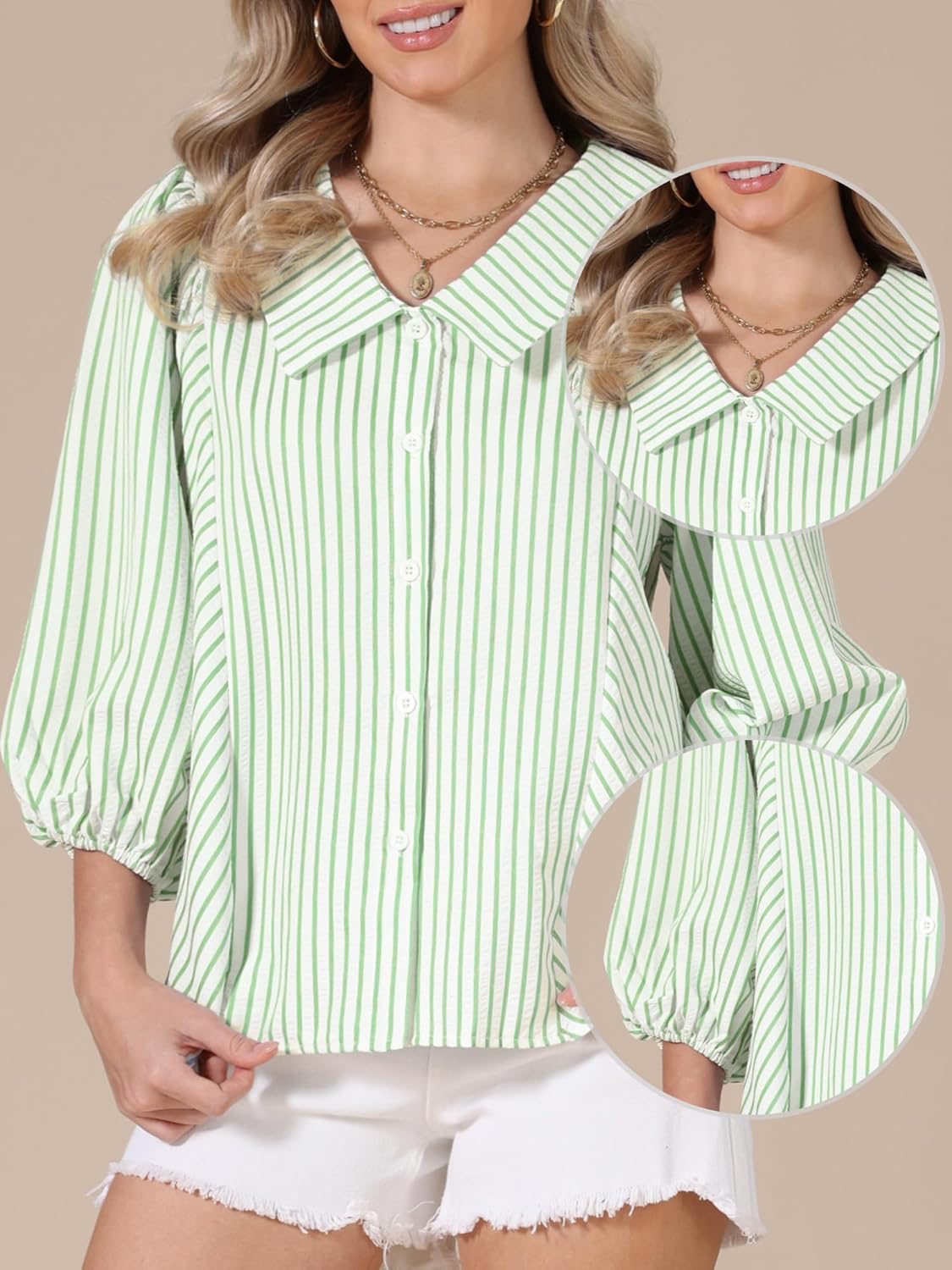 Allegra K Button Down Striped Shirt Dressy Casual Blouse for Women Ruffled Sleeve Summer Babydoll Tops - Image 4