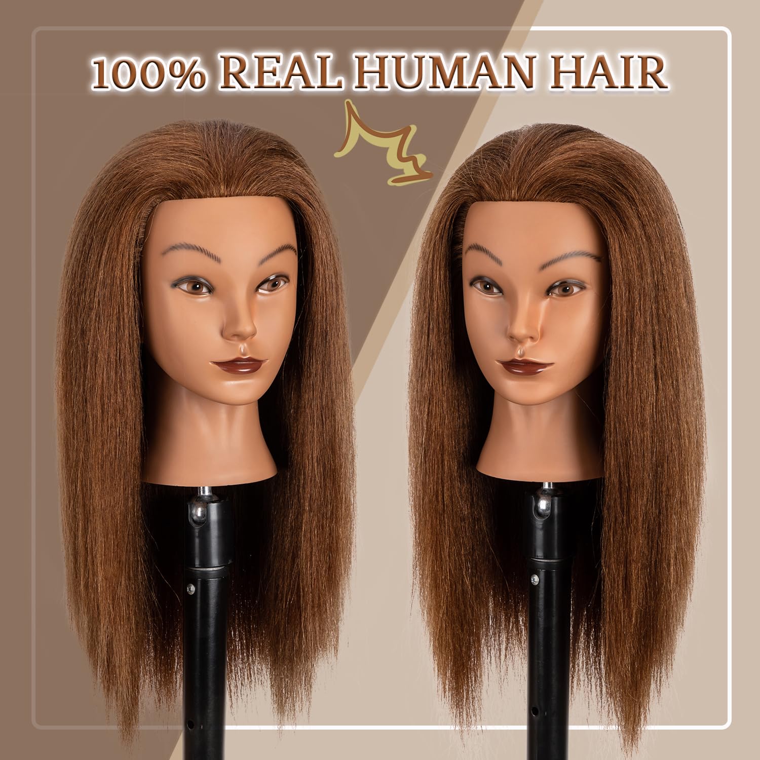 Mannequinkopf mit 100% menschlichem Haar,16" Dunkelbraun Echthaar Kosmetologie Mannequinkopf Haar Styling Friseurpraxis Training Puppenkopf mit Klemmhalter (YB16)