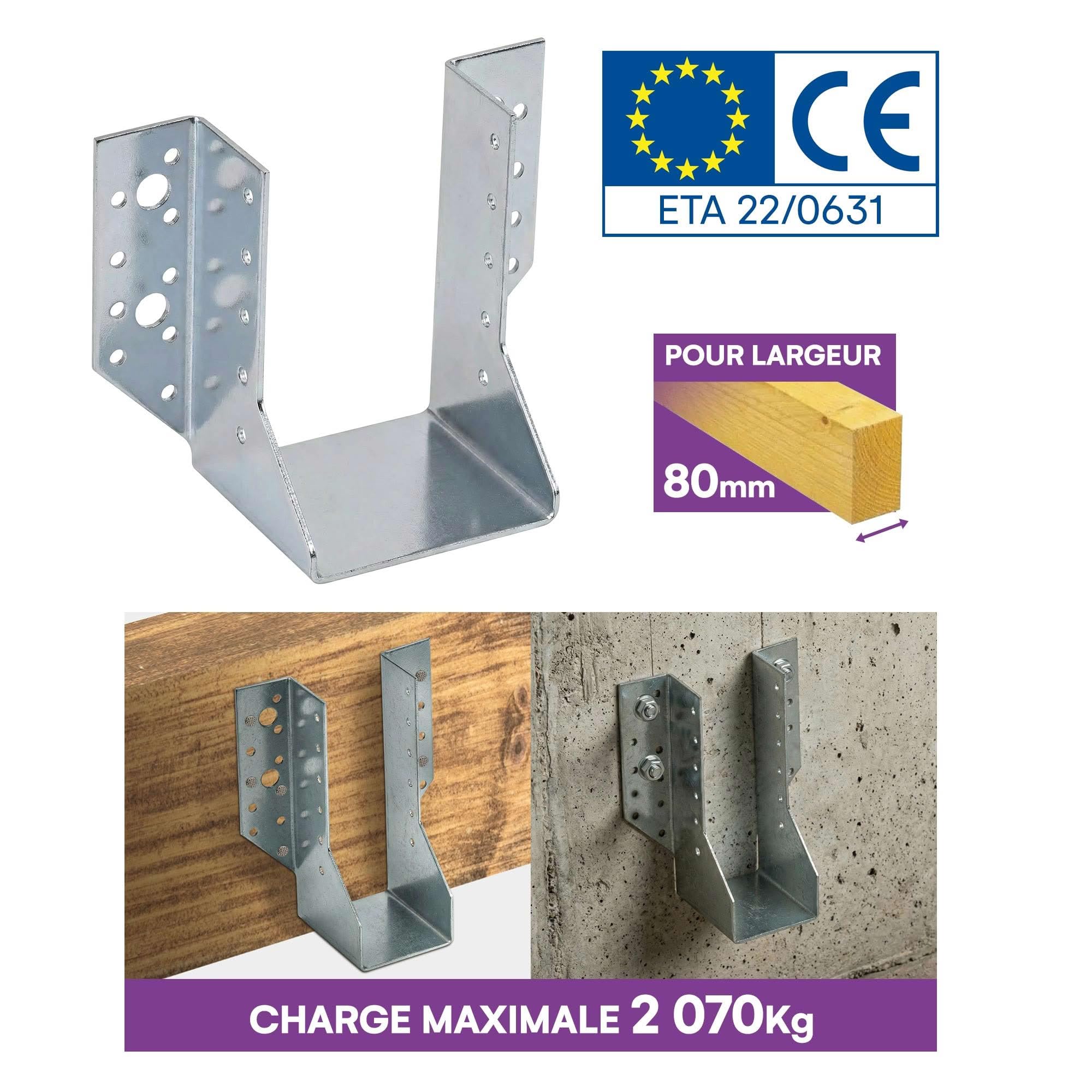 10 Sabots de charpente à ailes extérieures Connecteurs de poutres - Acier galvanisé - Larg 80 x Ht 122 mm - Fabriqué en Europe