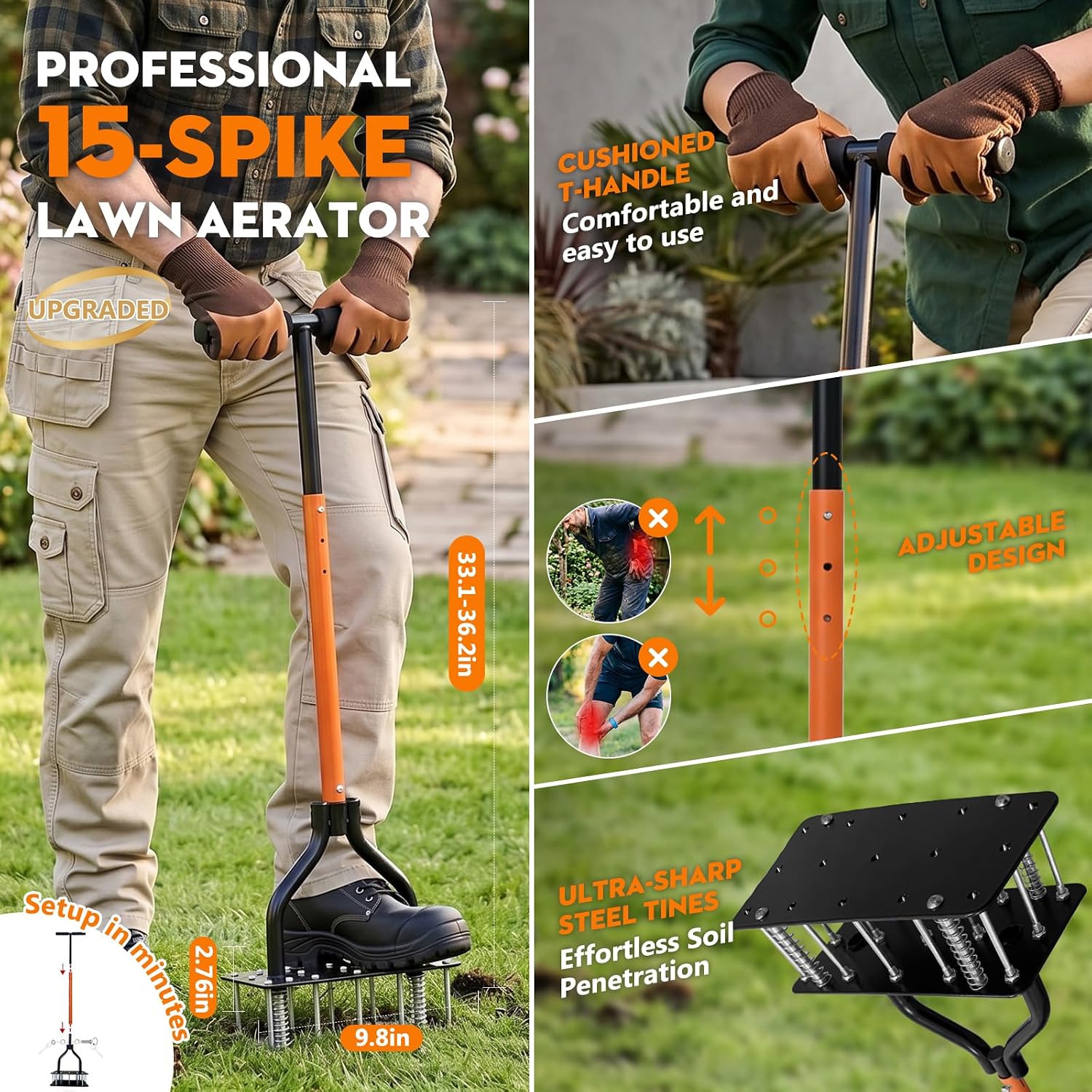 Lawn Aerator Tool with 15 Sharp Spikes, Manual Grass Aerator for Yard with Automatic Soil Ejection & Dual-Layer Spring, Heavy Duty Metal Garden Aerator for Soil Loosening, Pre-Assembled