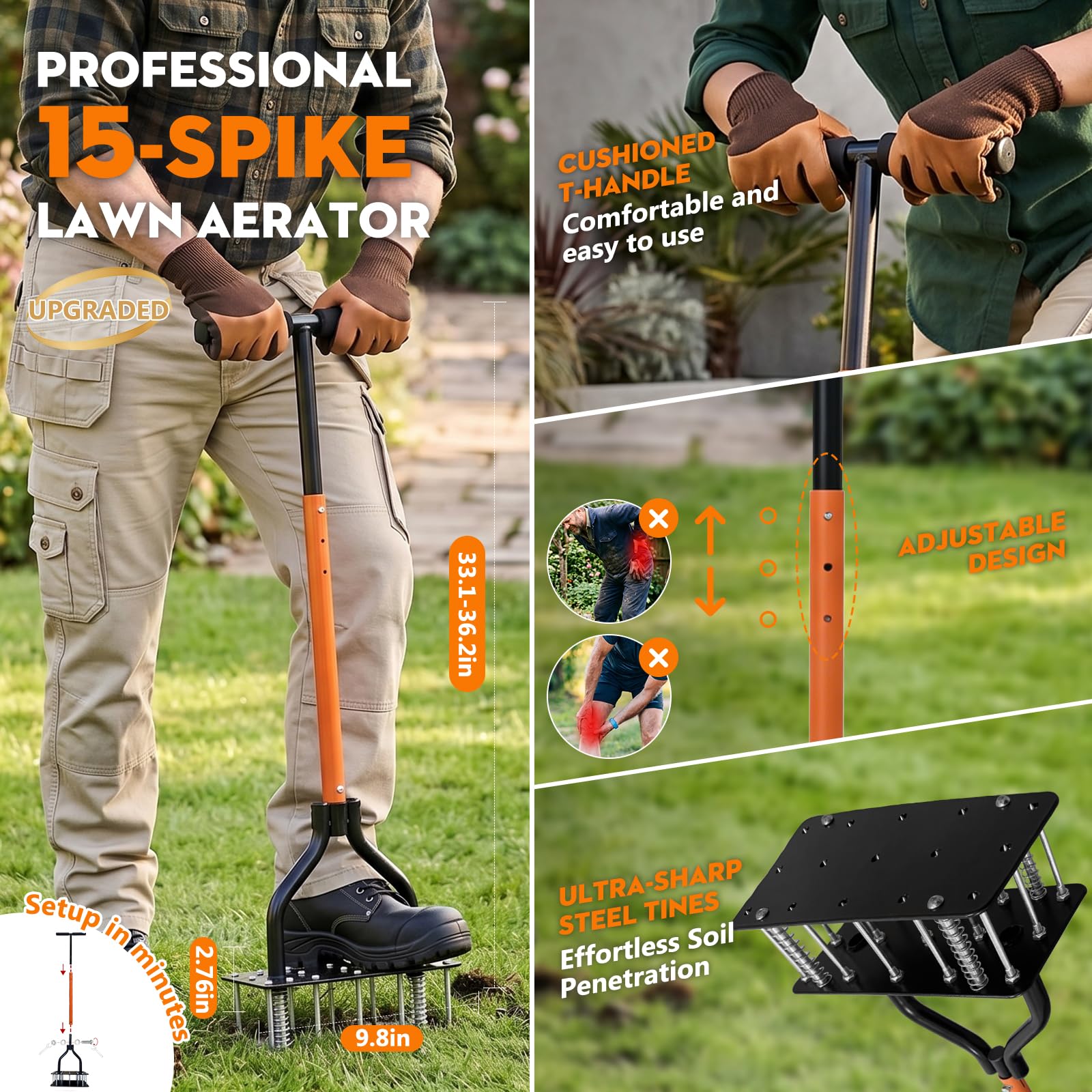 Herramienta aireadora de césped con 15 puntas afiladas, aireador manual de césped para patio con expulsión automática de suelo y resorte de doble capa, aireador de jardín de metal resistente
