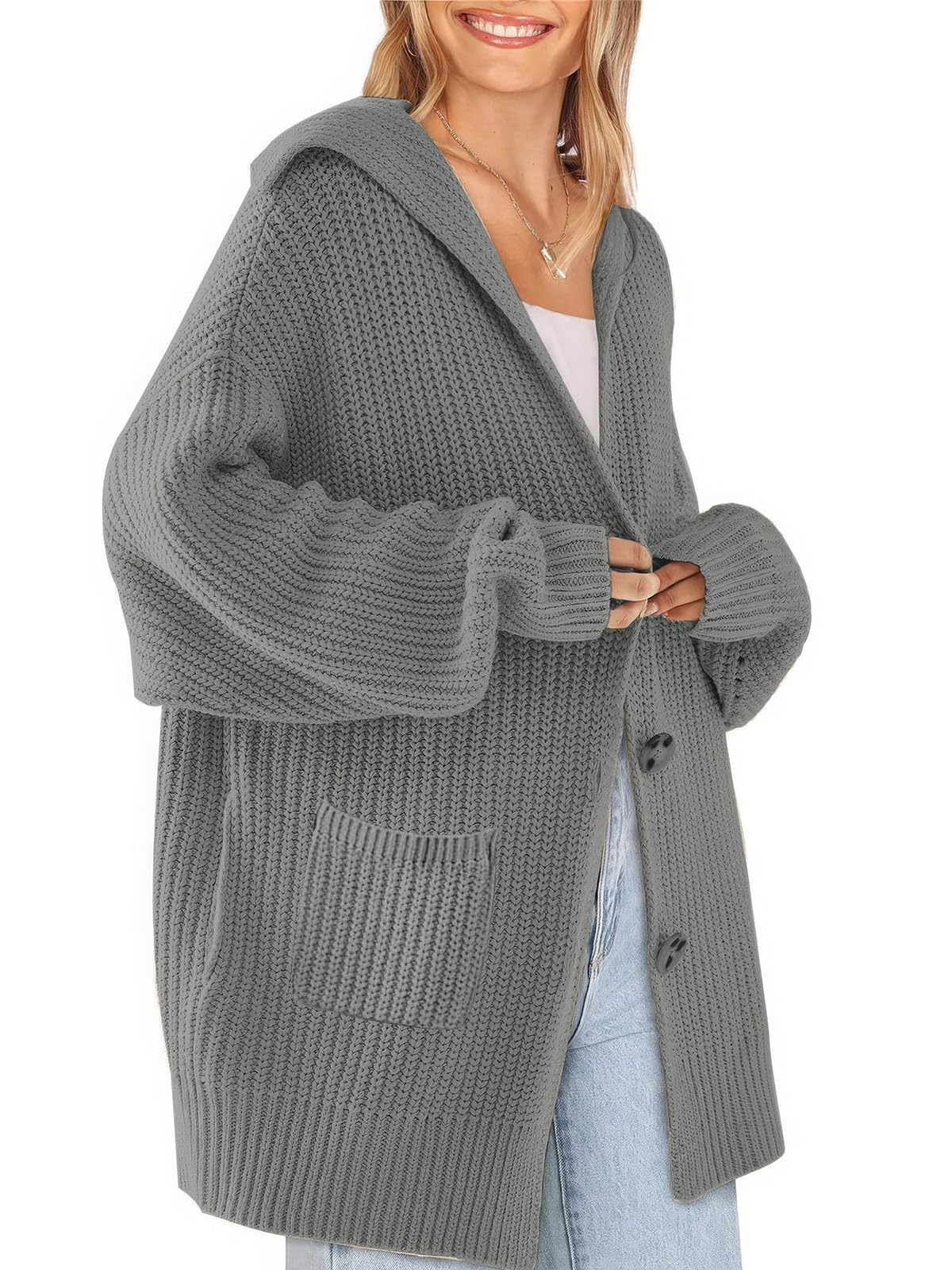 ebossy Womens Oversized Sailor Collar Button Cardigans Chunky Knit Long Sleeve Slouchy Sweaters Coat with Pockets