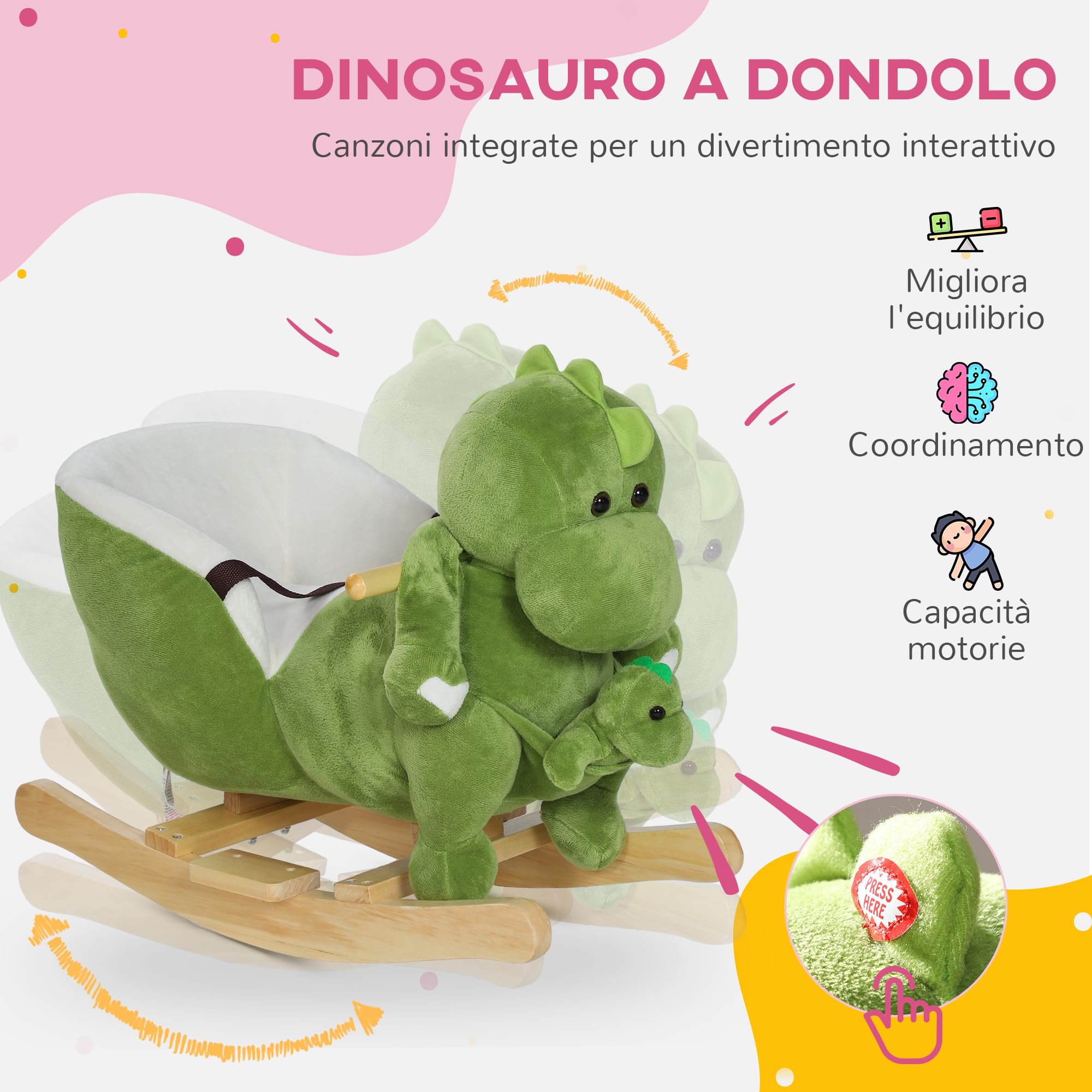 AIYAPLAY Cavallo a Dondolo per Bambini a Dinosauro con Marionetta, Cavallino Cavalcabile con Suoni e Rivestimento Morbido, Età 18-36 Mesi, Verde