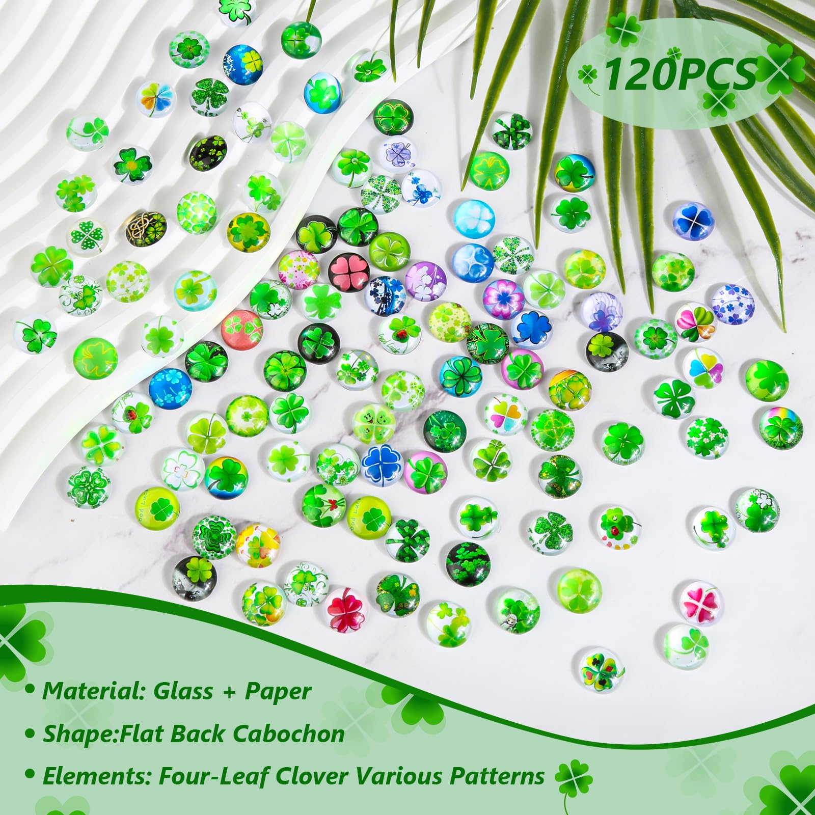 Pack of 120 Four-Leaf Clover Flatback Glass Cabochons, 12 mm Clover Lucky Charm Glass Stones - Image 2